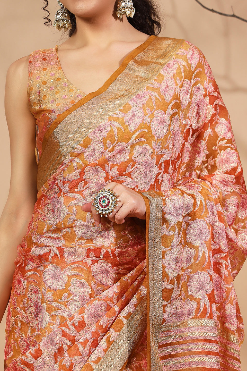 Batik Printed Moss Brasso Saree With Foil Print Border