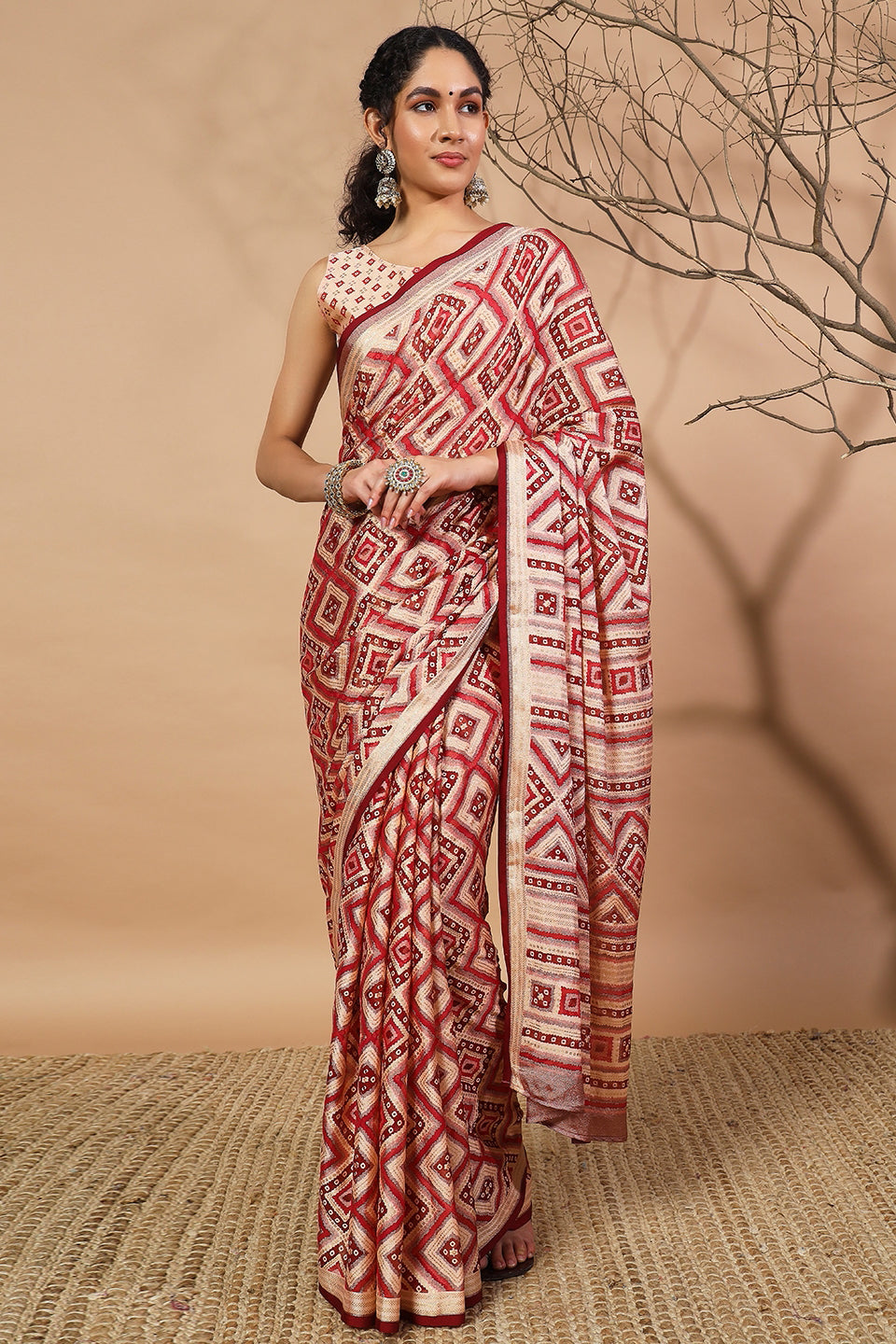 Geometric And Bandhani Prints Printed Moss Brasso Saree With Foil Print Border