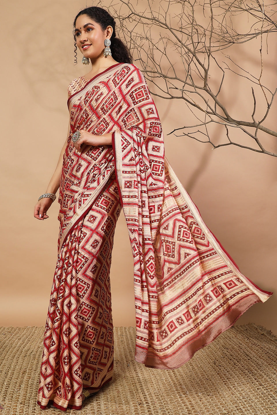 Geometric And Bandhani Prints Printed Moss Brasso Saree With Foil Print Border