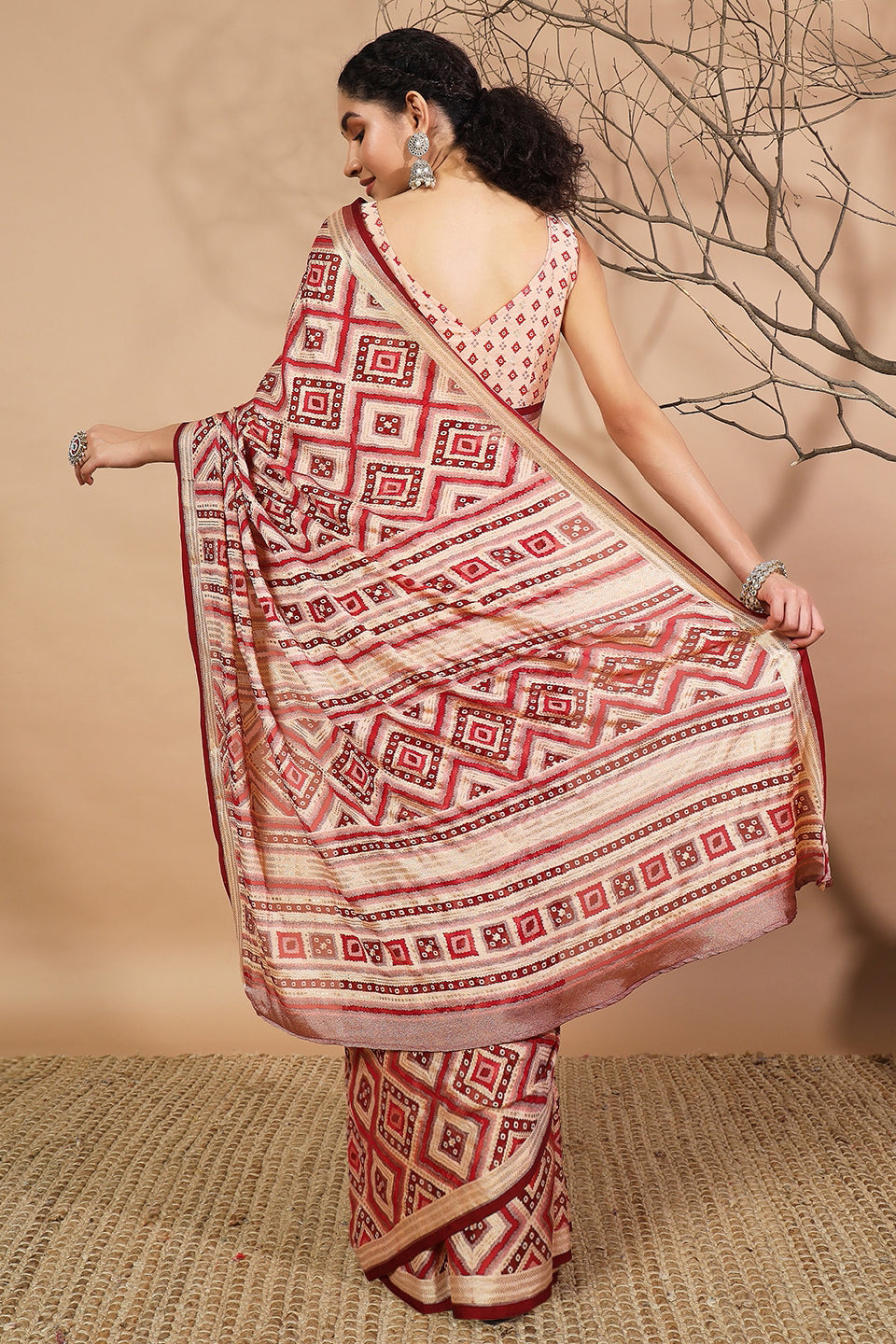 Geometric And Bandhani Prints Printed Moss Brasso Saree With Foil Print Border