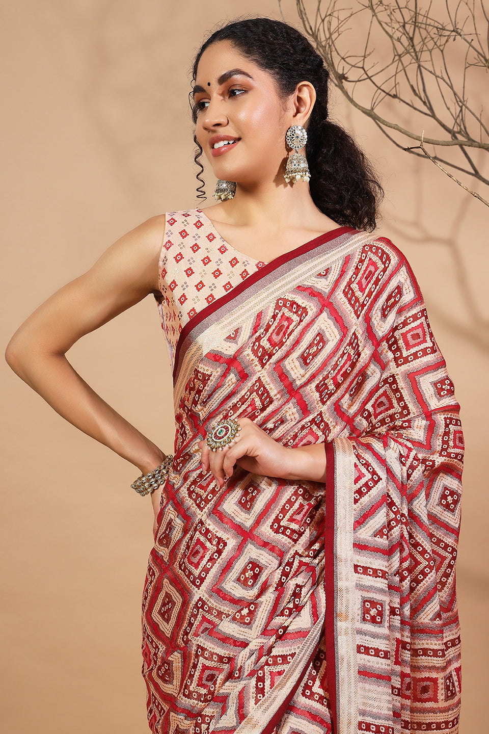 Geometric And Bandhani Prints Printed Moss Brasso Saree With Foil Print Border