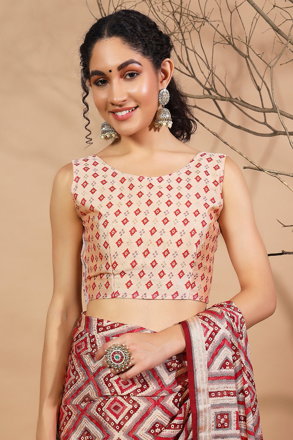 Geometric And Bandhani Prints Printed Moss Brasso Saree With Foil Print Border