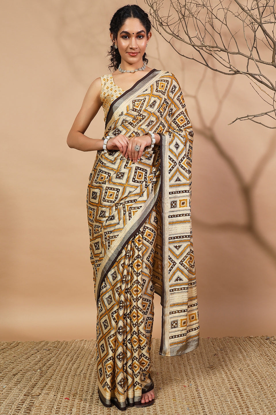 Geometric And Bandhani Prints Printed Moss Brasso Saree With Foil Print Border