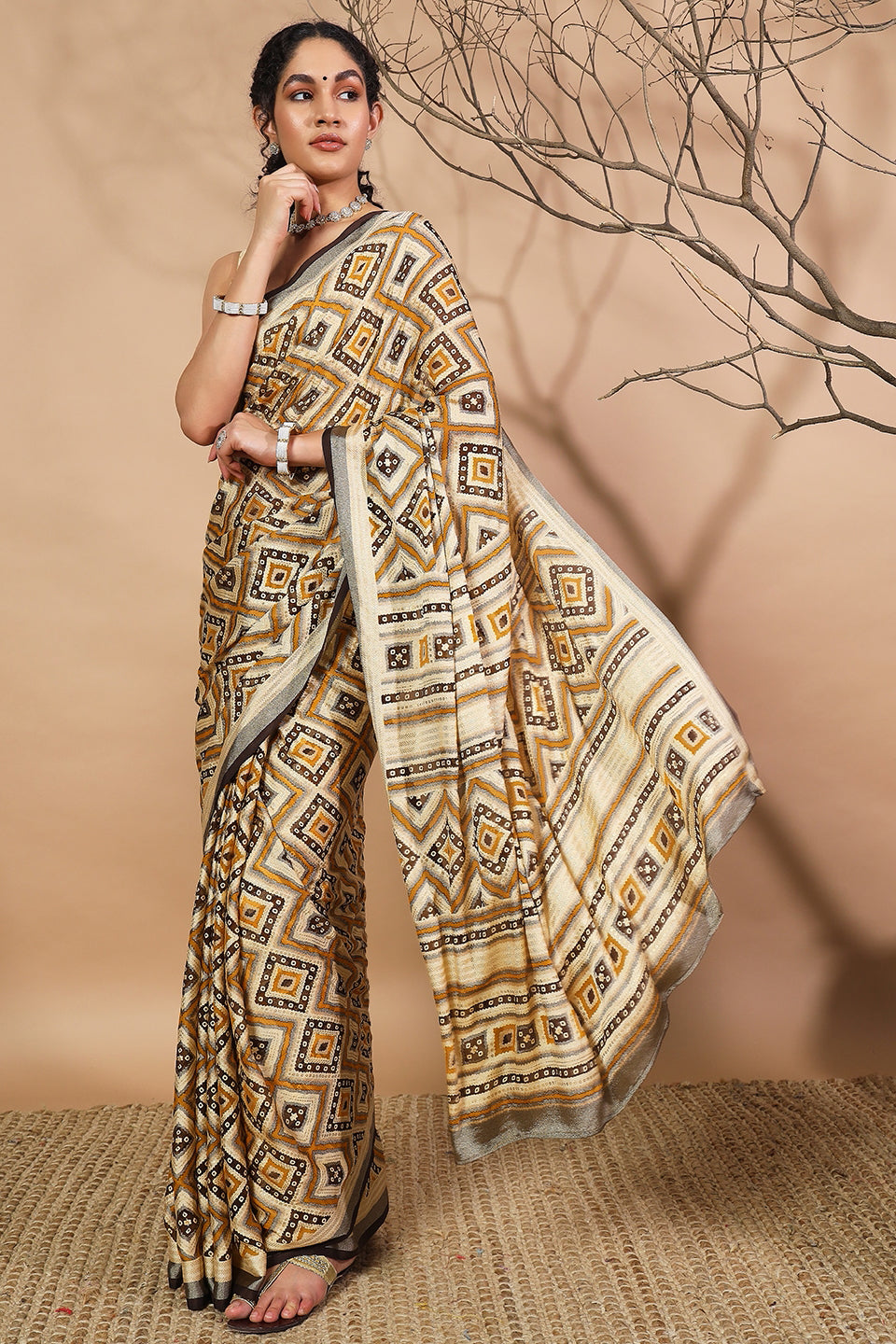 Geometric And Bandhani Prints Printed Moss Brasso Saree With Foil Print Border