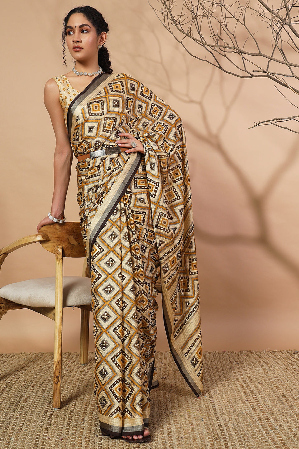 Geometric And Bandhani Prints Printed Moss Brasso Saree With Foil Print Border