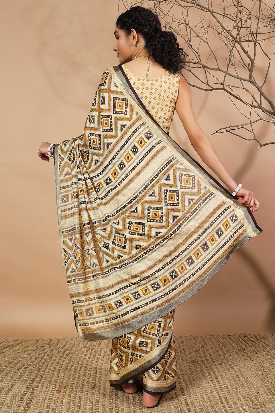 Geometric And Bandhani Prints Printed Moss Brasso Saree With Foil Print Border
