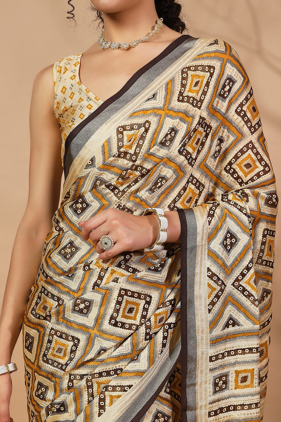 Geometric And Bandhani Prints Printed Moss Brasso Saree With Foil Print Border