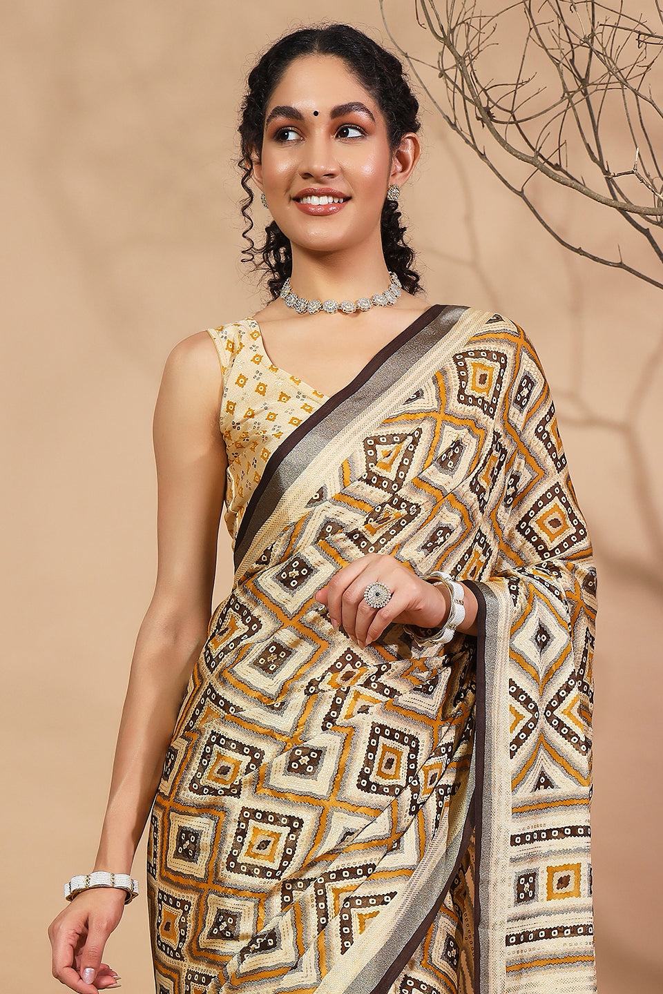 Geometric And Bandhani Prints Printed Moss Brasso Saree With Foil Print Border