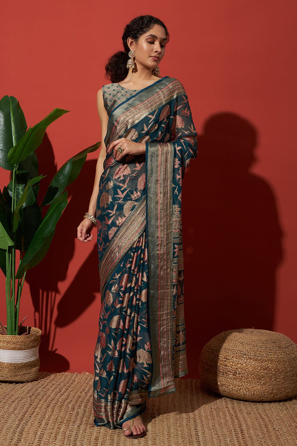 Batik Printed Moss Brasso Saree With Foil Print Border