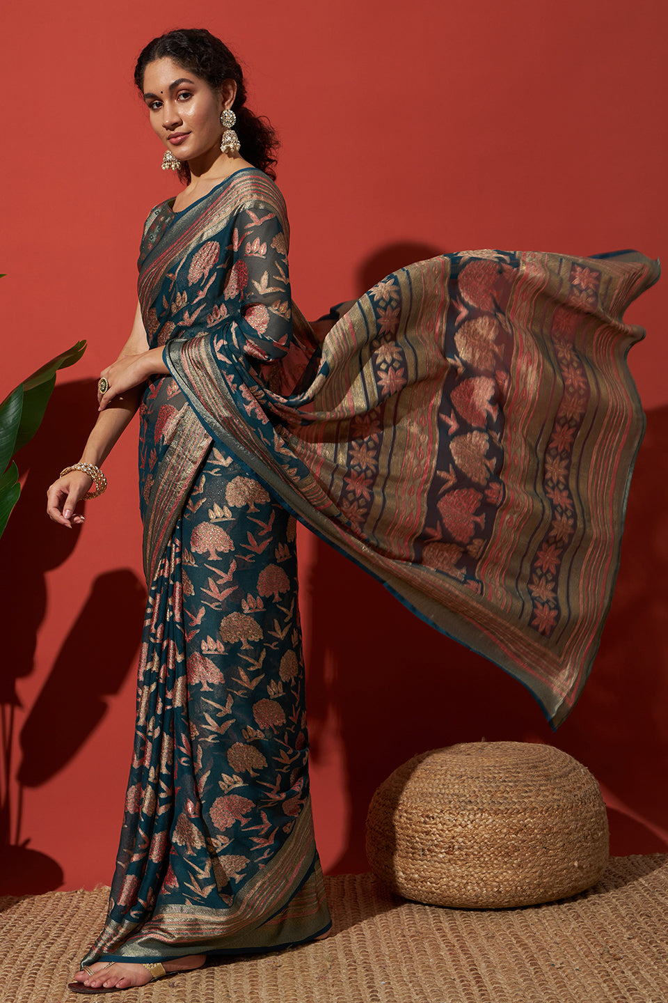 Batik Printed Moss Brasso Saree With Foil Print Border