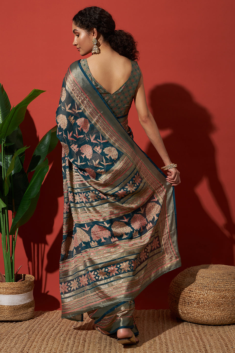 Batik Printed Moss Brasso Saree With Foil Print Border