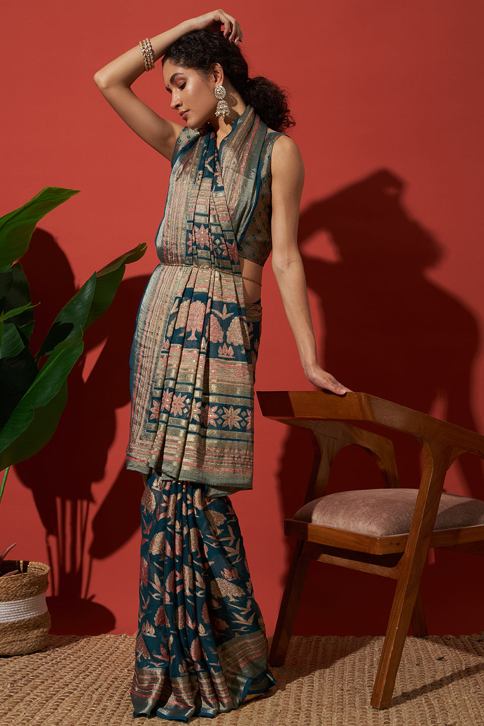 Batik Printed Moss Brasso Saree With Foil Print Border