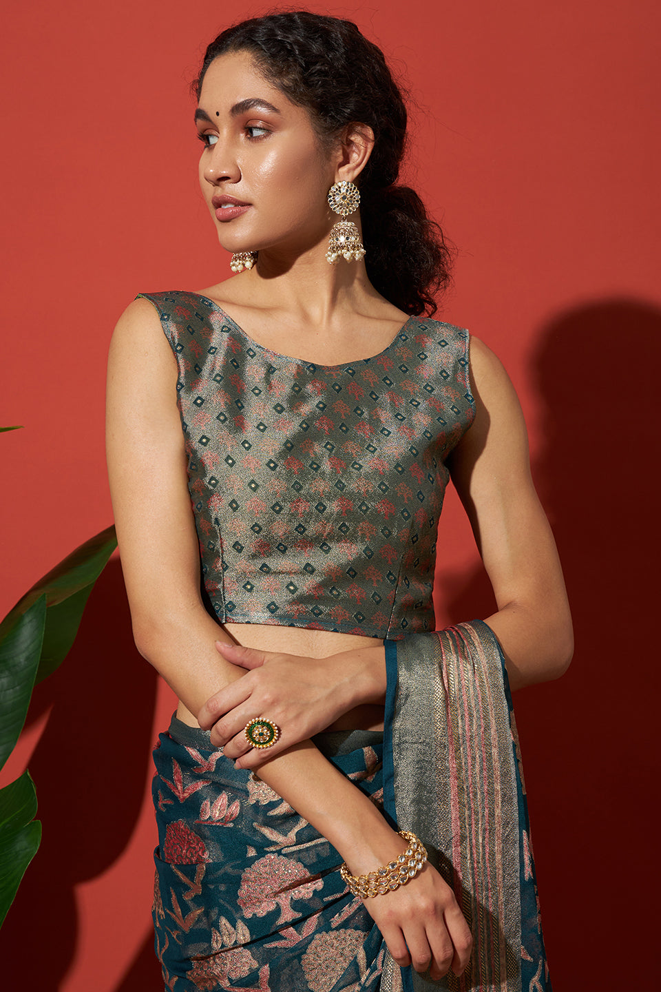 Batik Printed Moss Brasso Saree With Foil Print Border