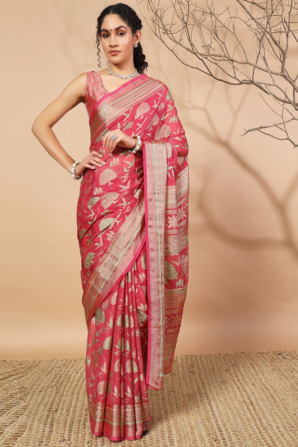 Batik Printed Moss Brasso Saree With Foil Print Border