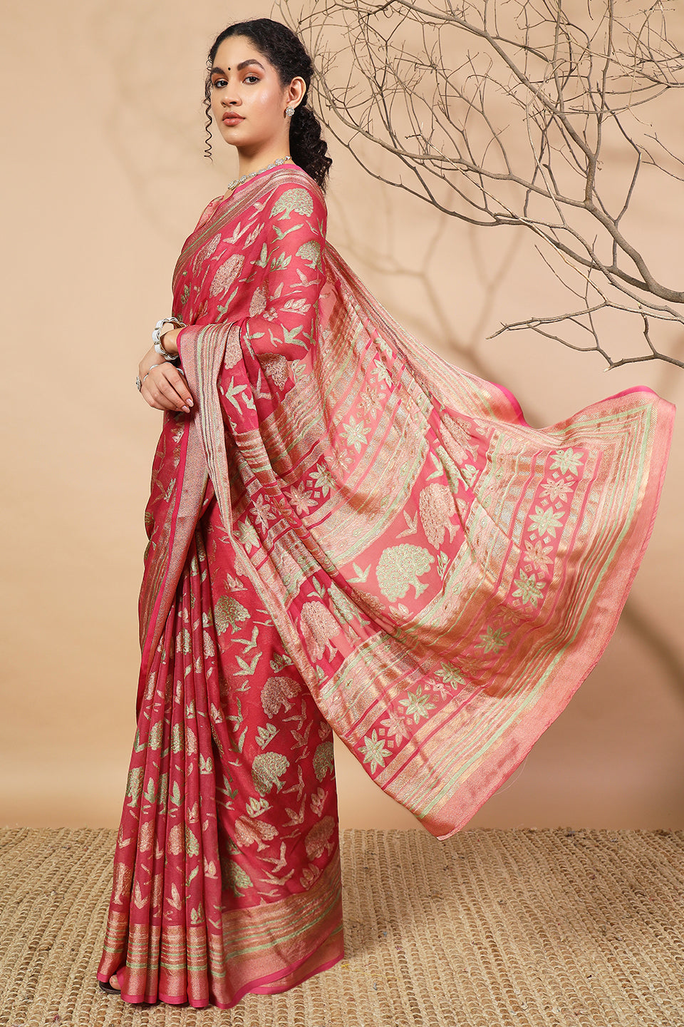 Batik Printed Moss Brasso Saree With Foil Print Border