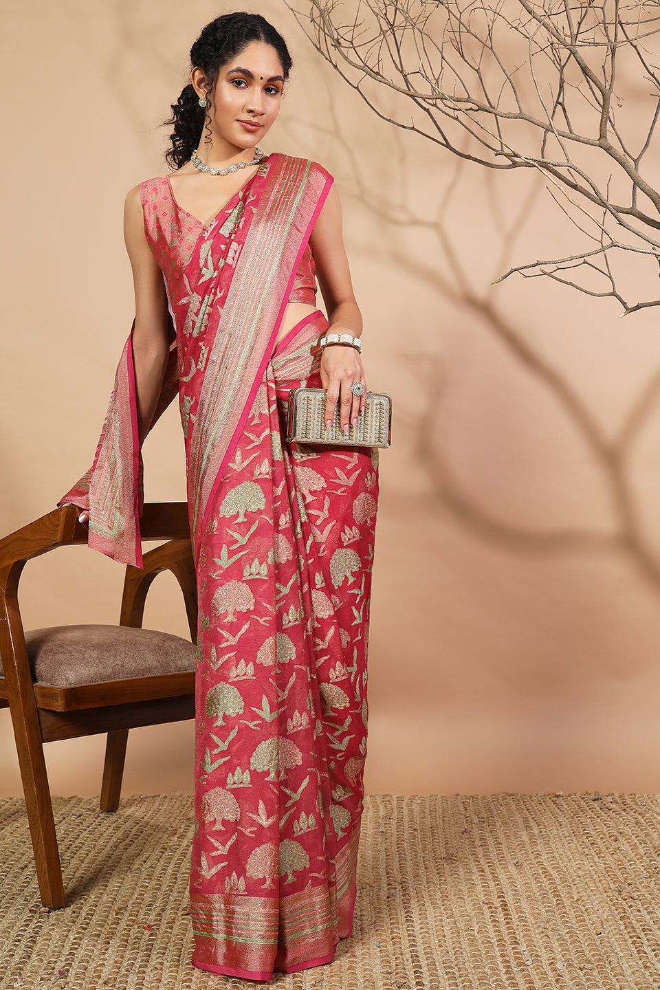 Batik Printed Moss Brasso Saree With Foil Print Border