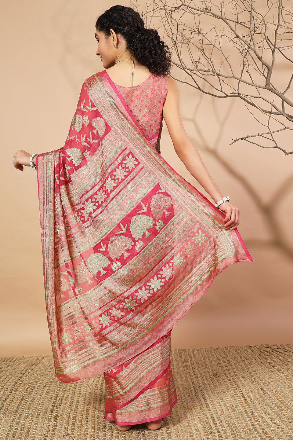 Batik Printed Moss Brasso Saree With Foil Print Border