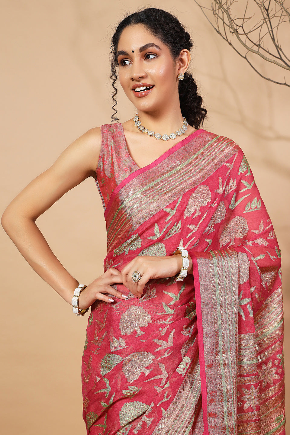 Batik Printed Moss Brasso Saree With Foil Print Border