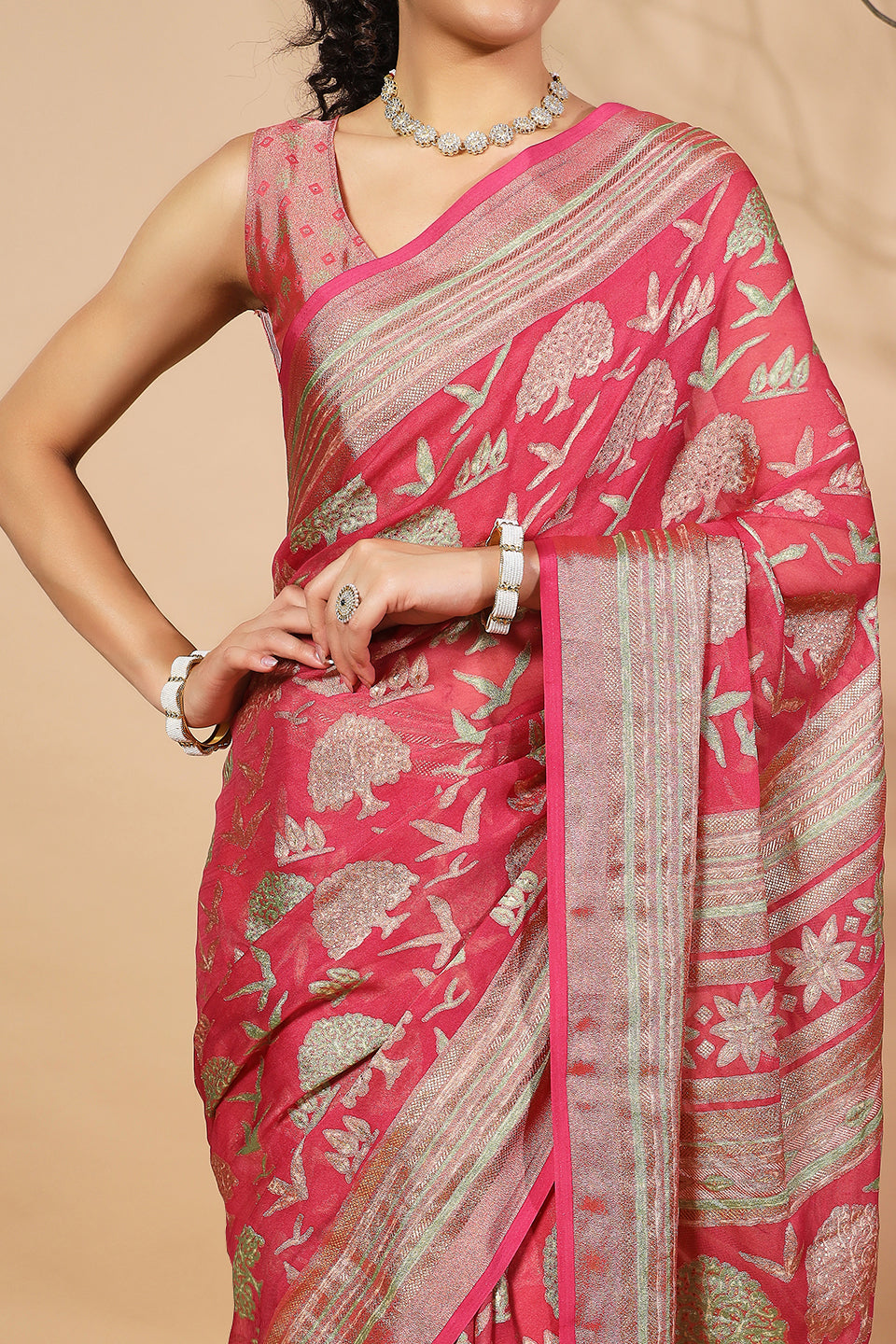 Batik Printed Moss Brasso Saree With Foil Print Border