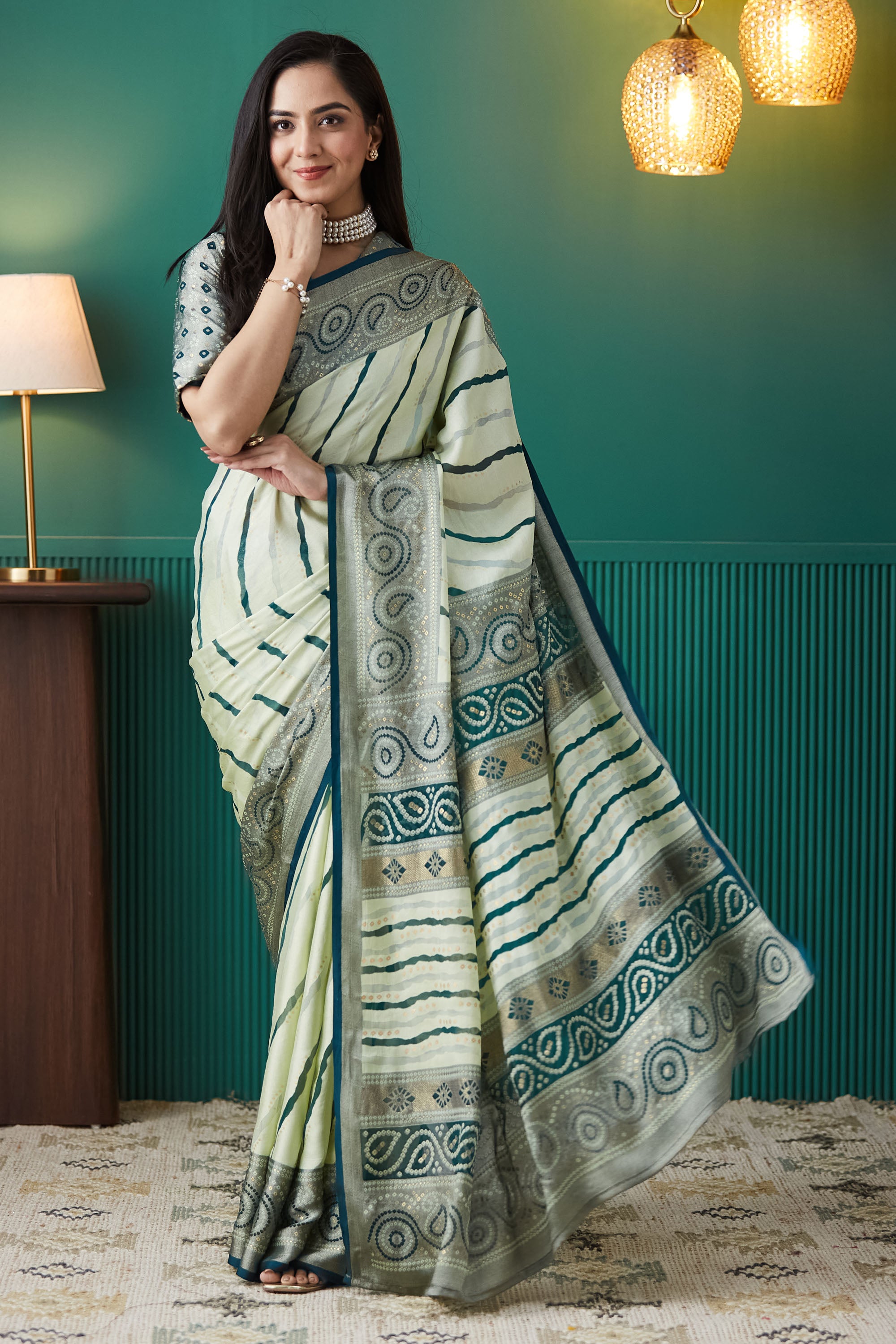 Leheriya Printed Moss Brasso Saree With Foil Print Border