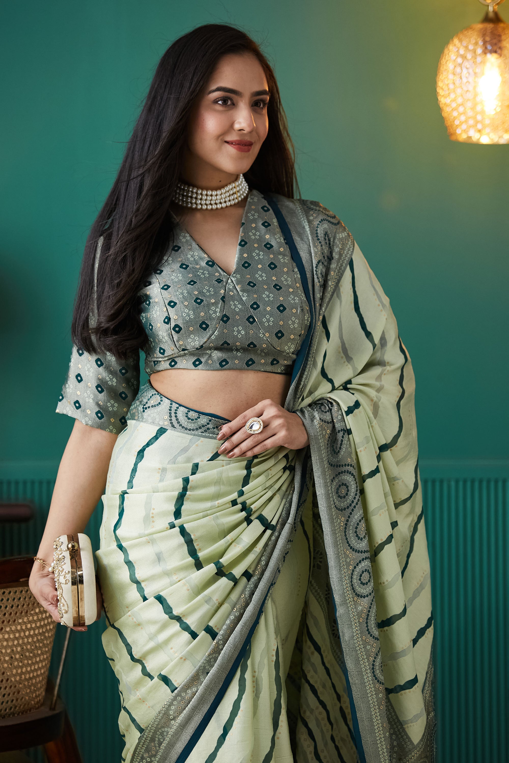 Leheriya Printed Moss Brasso Saree With Foil Print Border