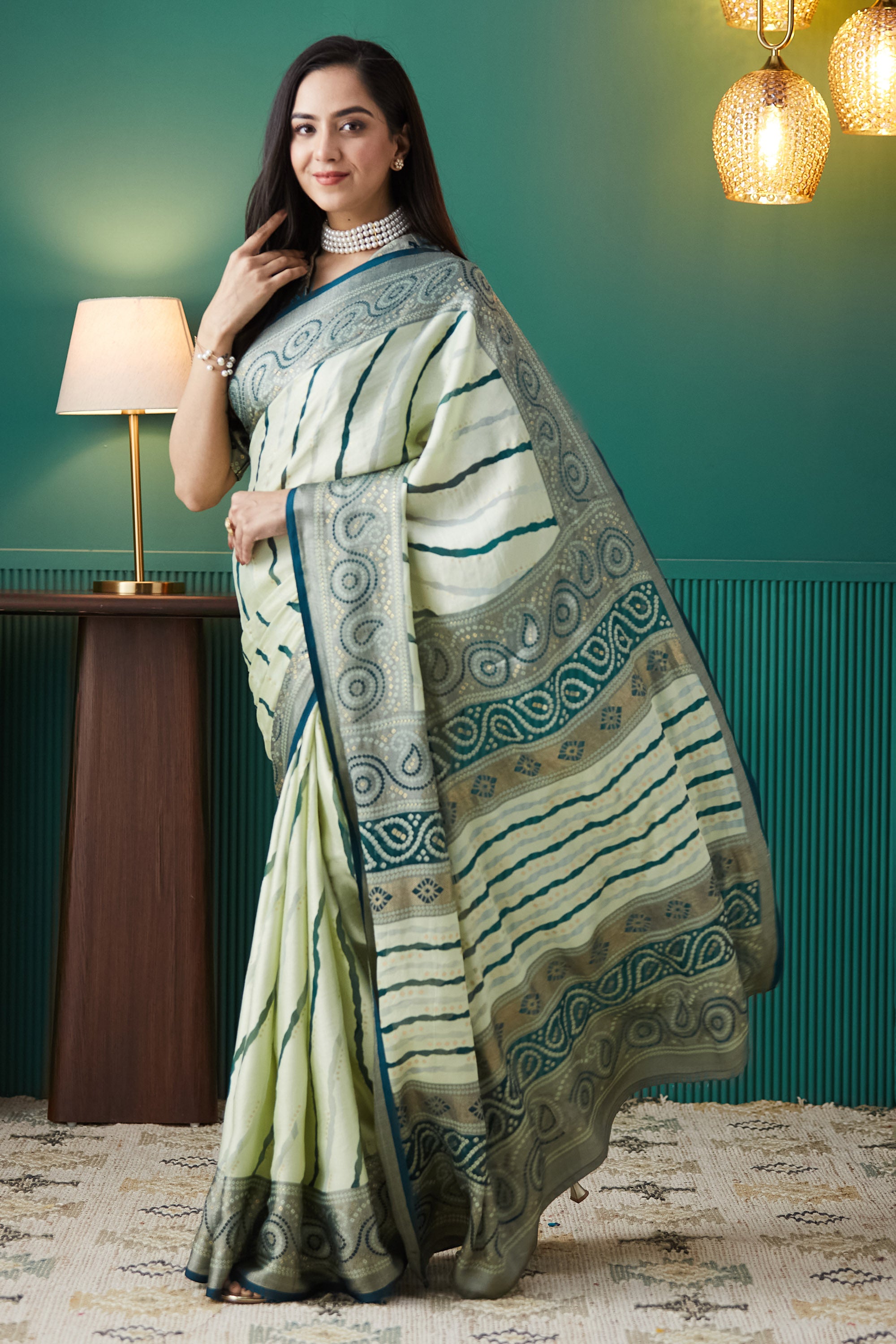 Leheriya Printed Moss Brasso Saree With Foil Print Border