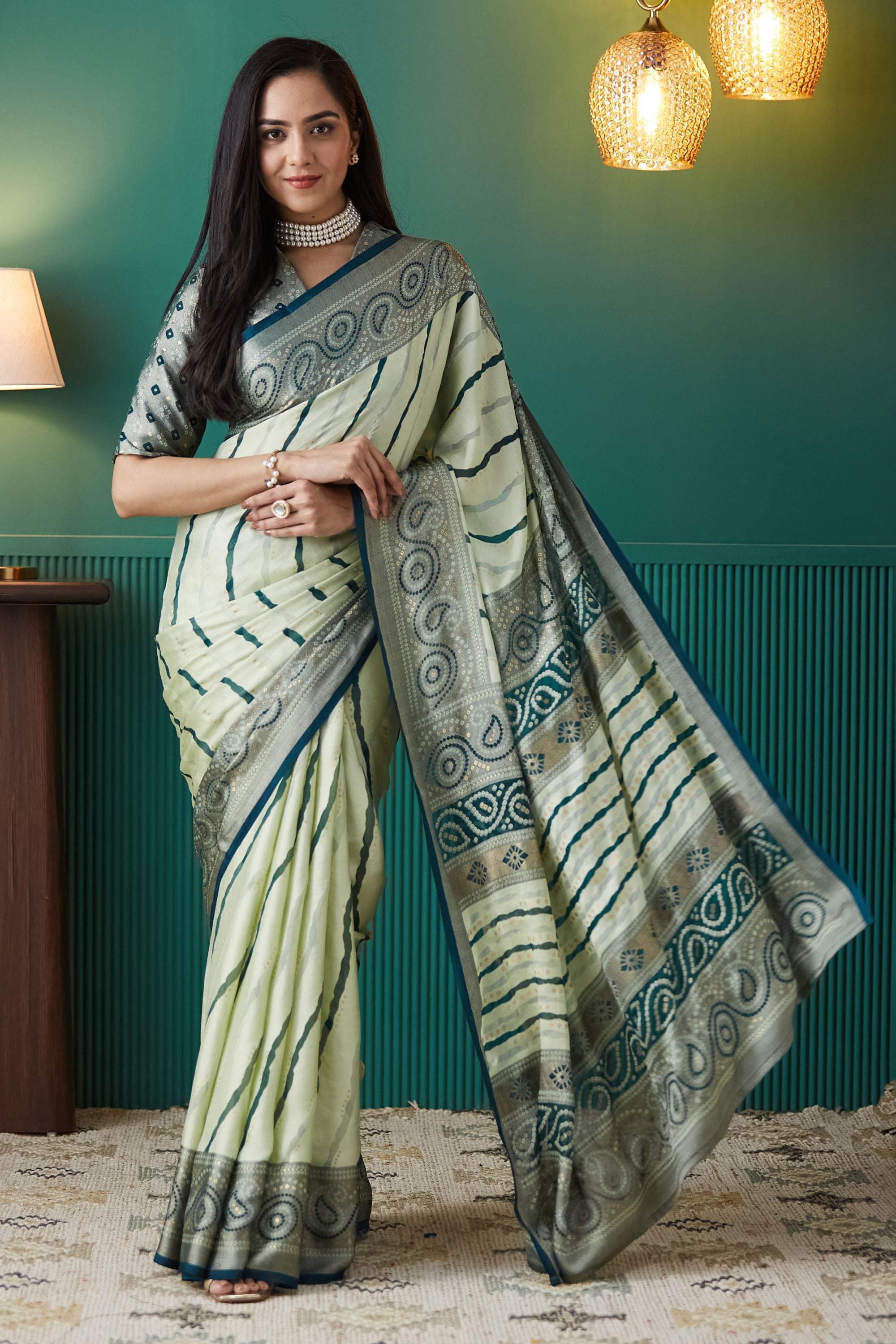 Leheriya Printed Moss Brasso Saree With Foil Print Border