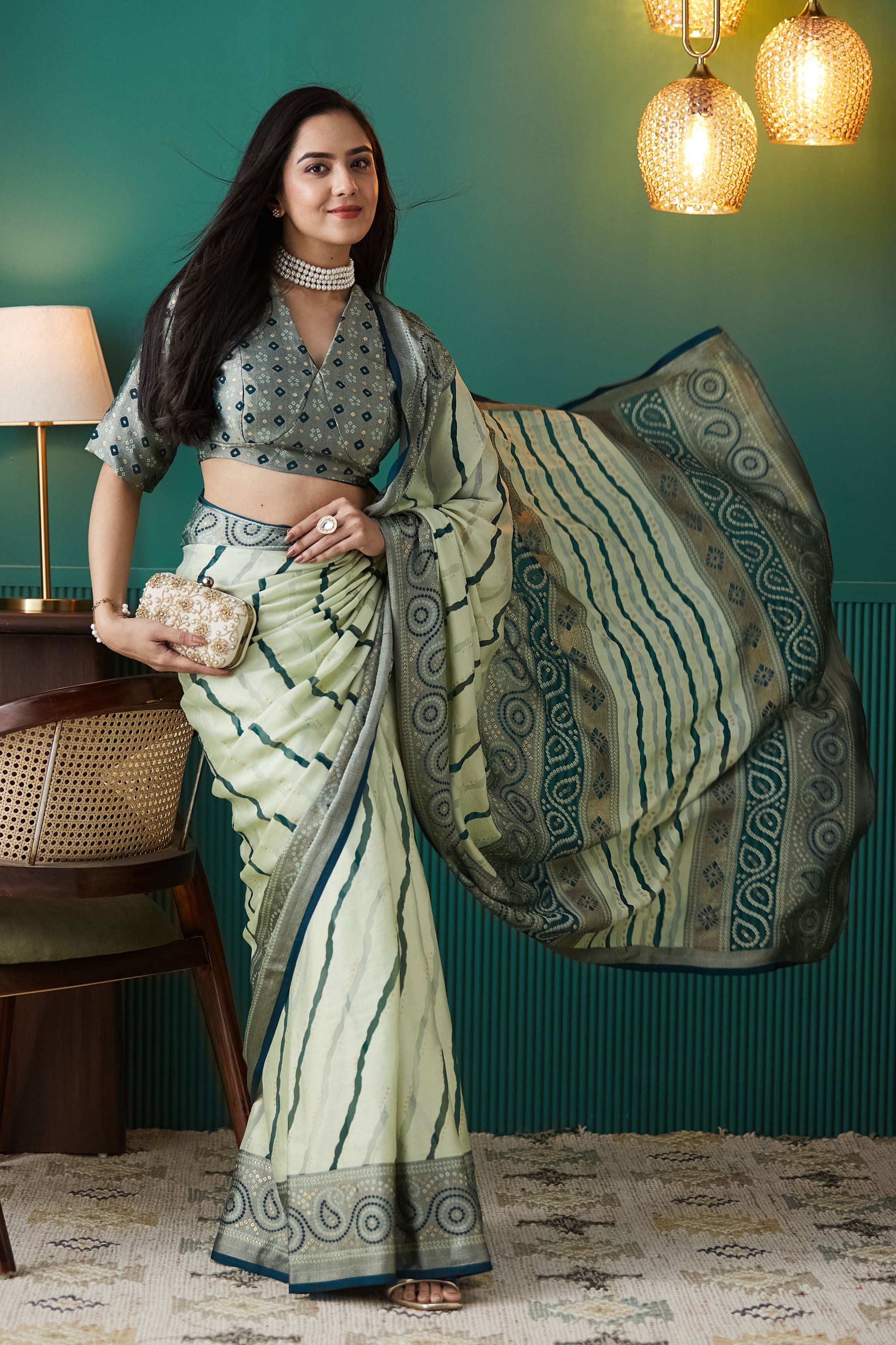 Leheriya Printed Moss Brasso Saree With Foil Print Border