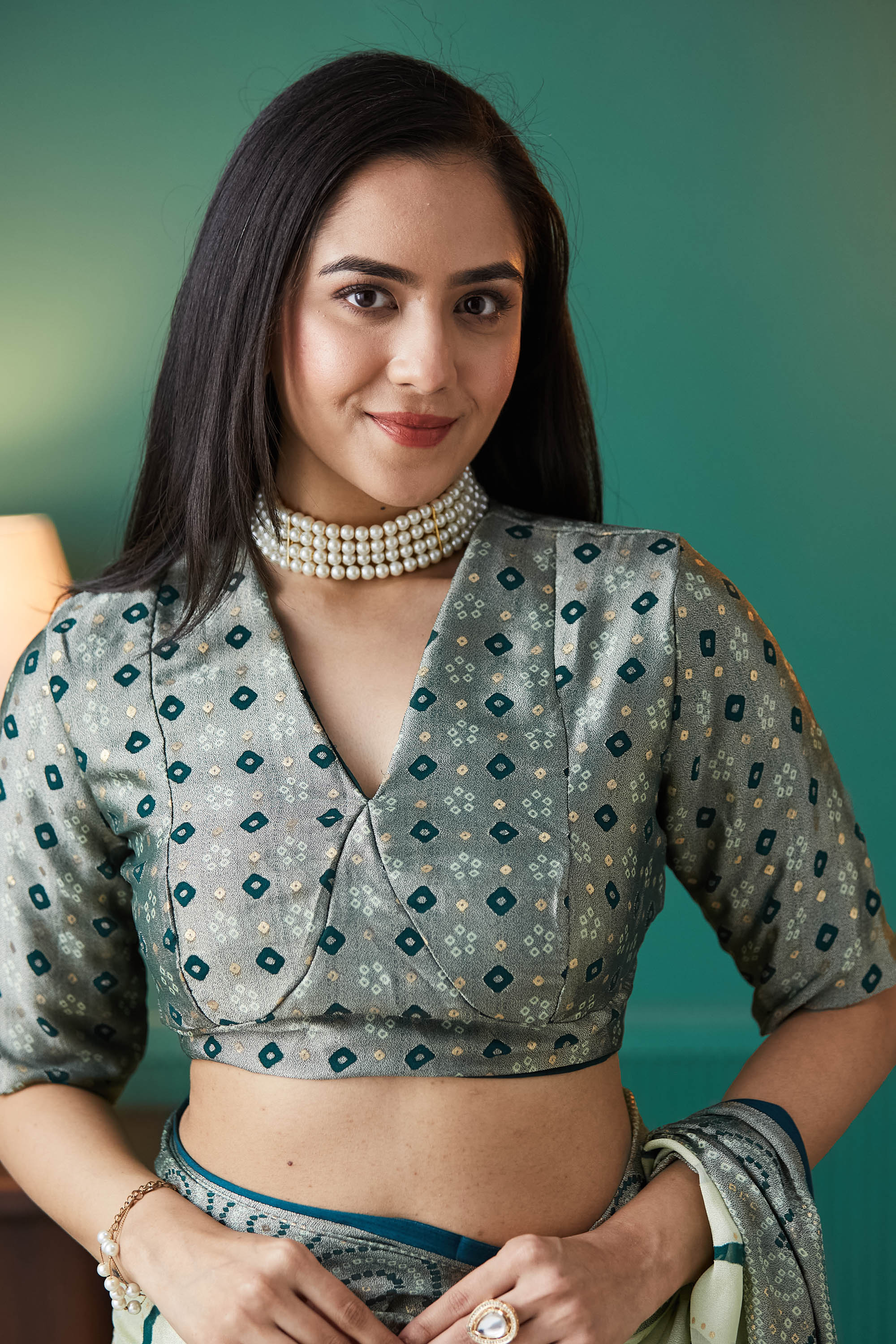 Leheriya Printed Moss Brasso Saree With Foil Print Border