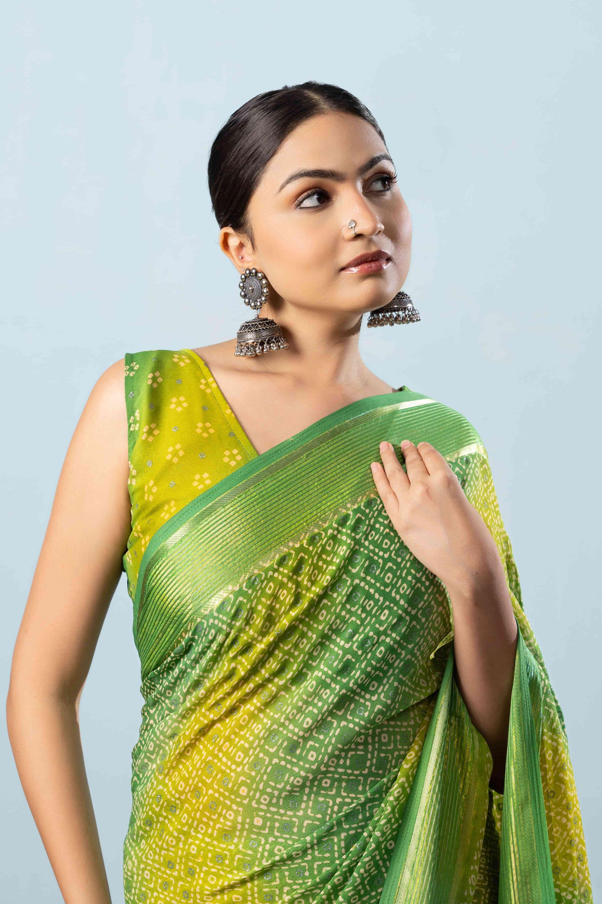 Bandhej Printed Moss Georgette  Saree With Viscose Border