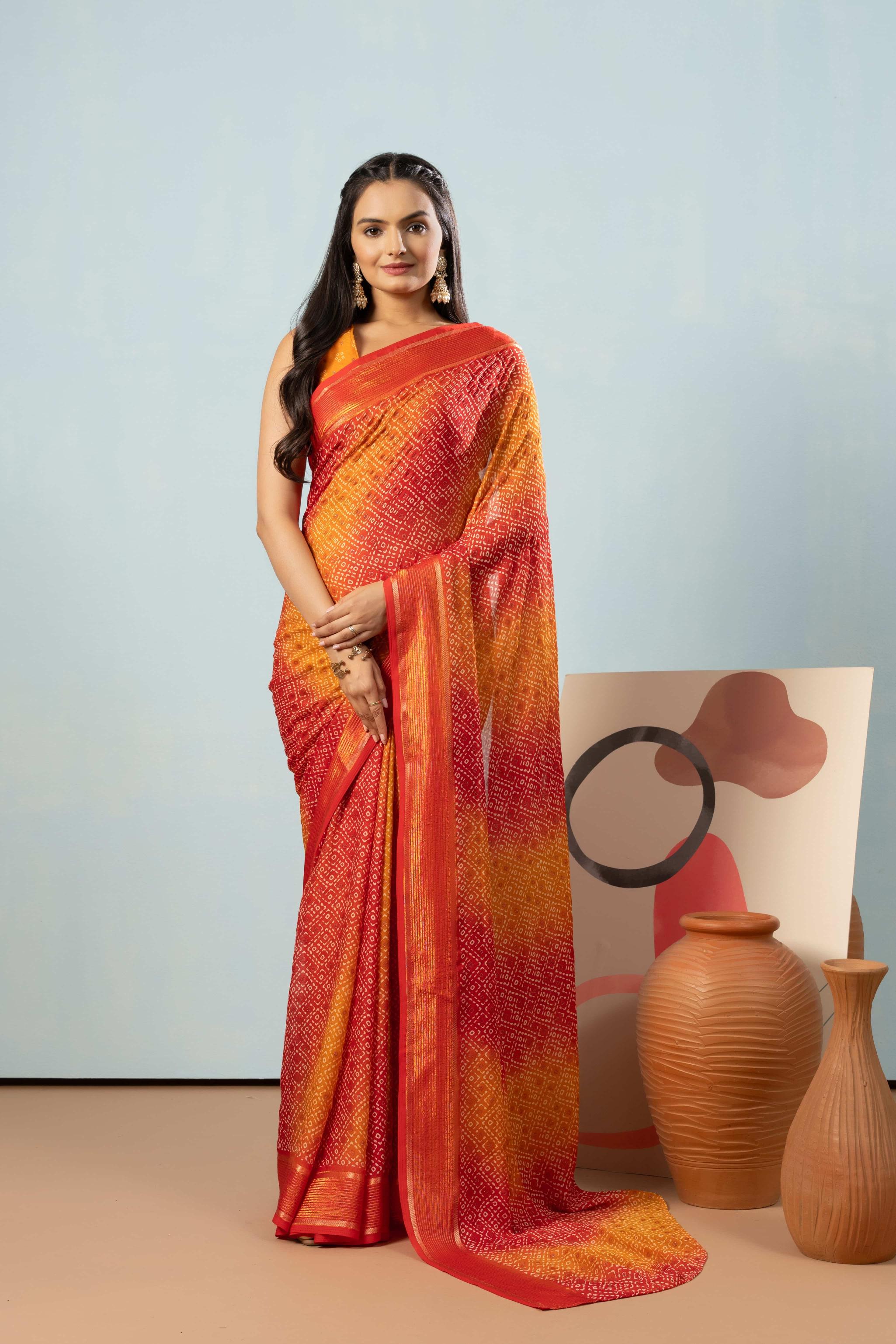 RACHNA Bandhani Poly Georgette Ready to Wear Saree