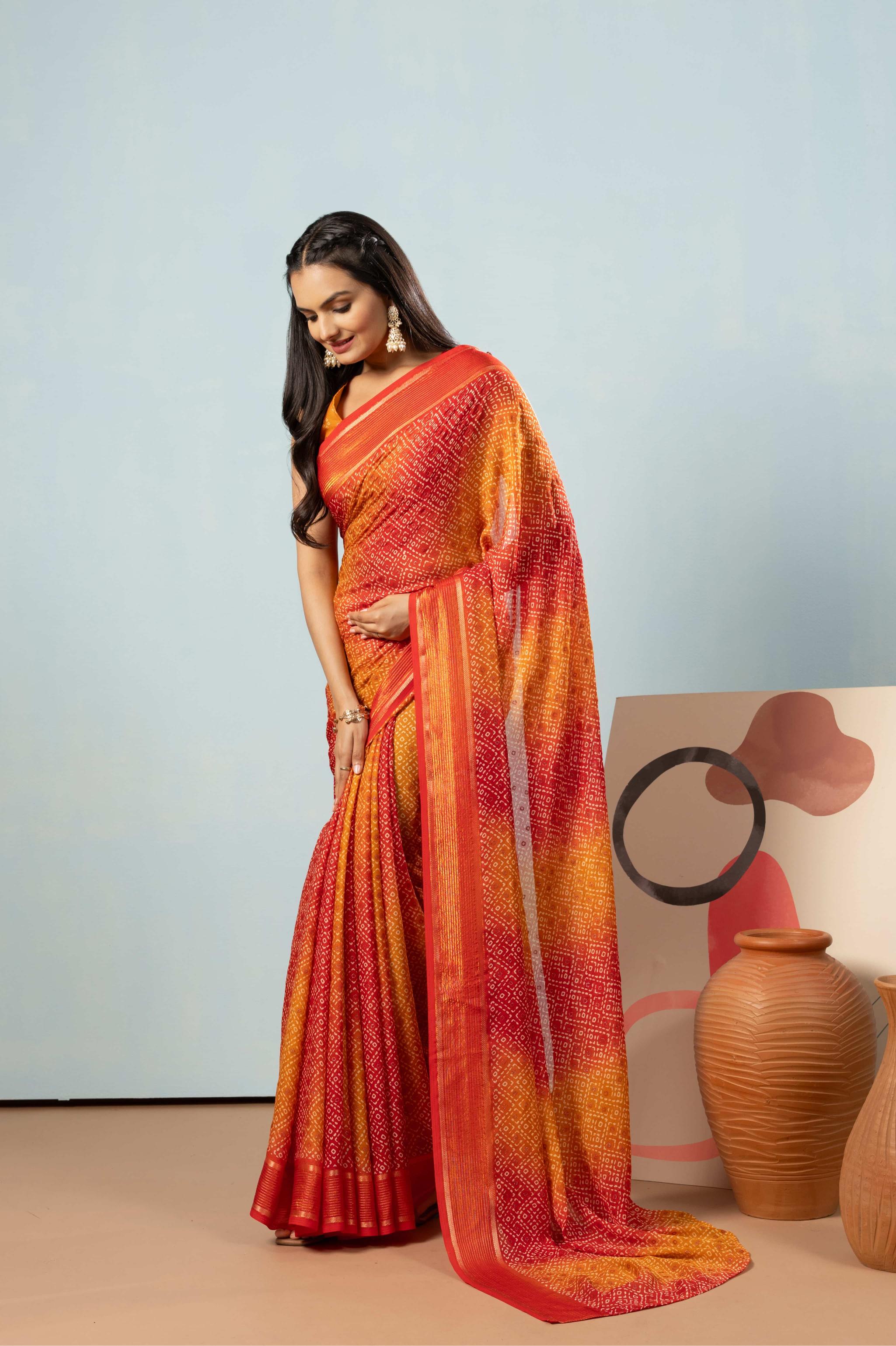 RACHNA Bandhani Poly Georgette Ready to Wear Saree