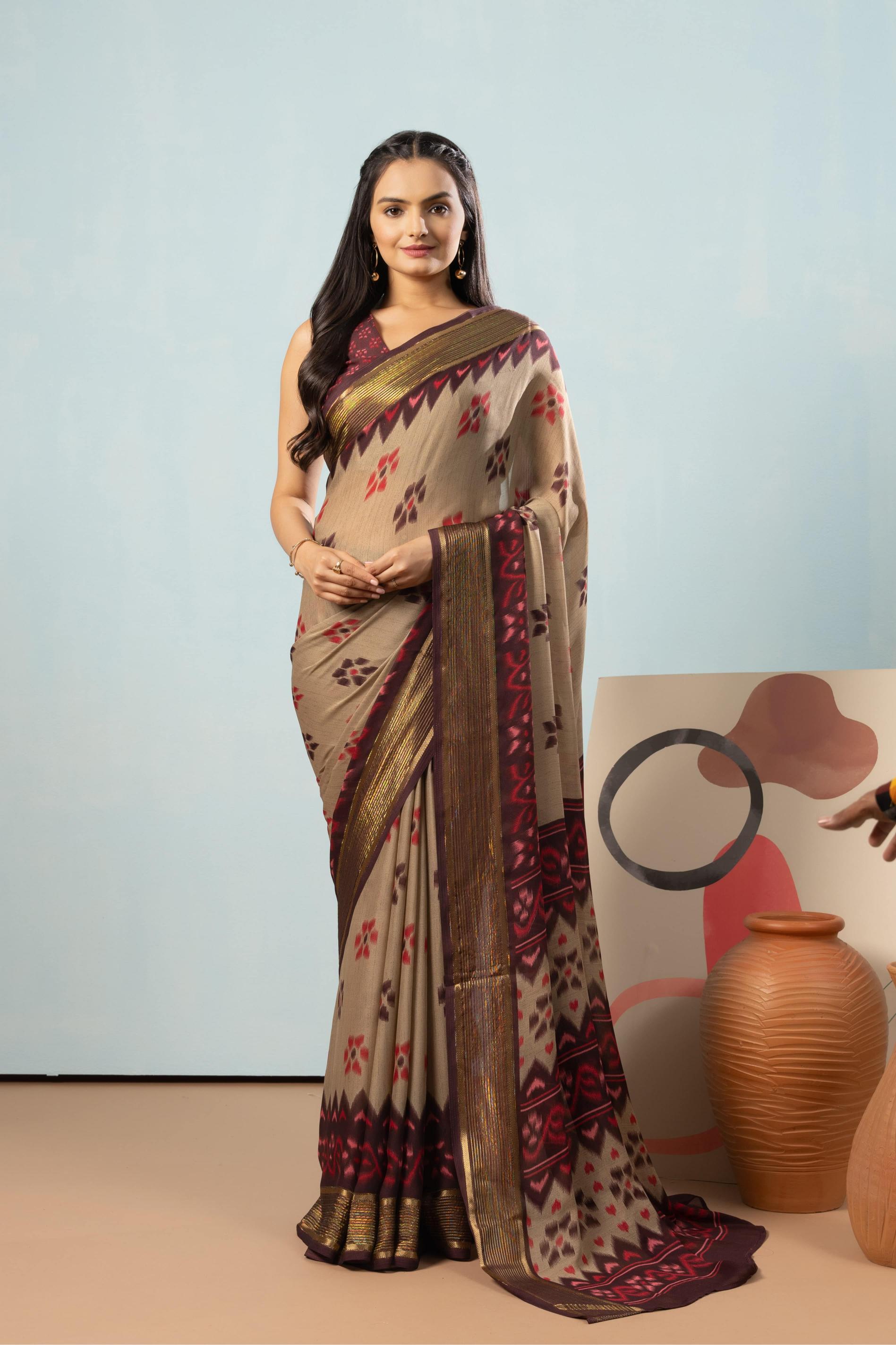 RACHNA Floral Zari Poly Georgette Ready to Wear Saree