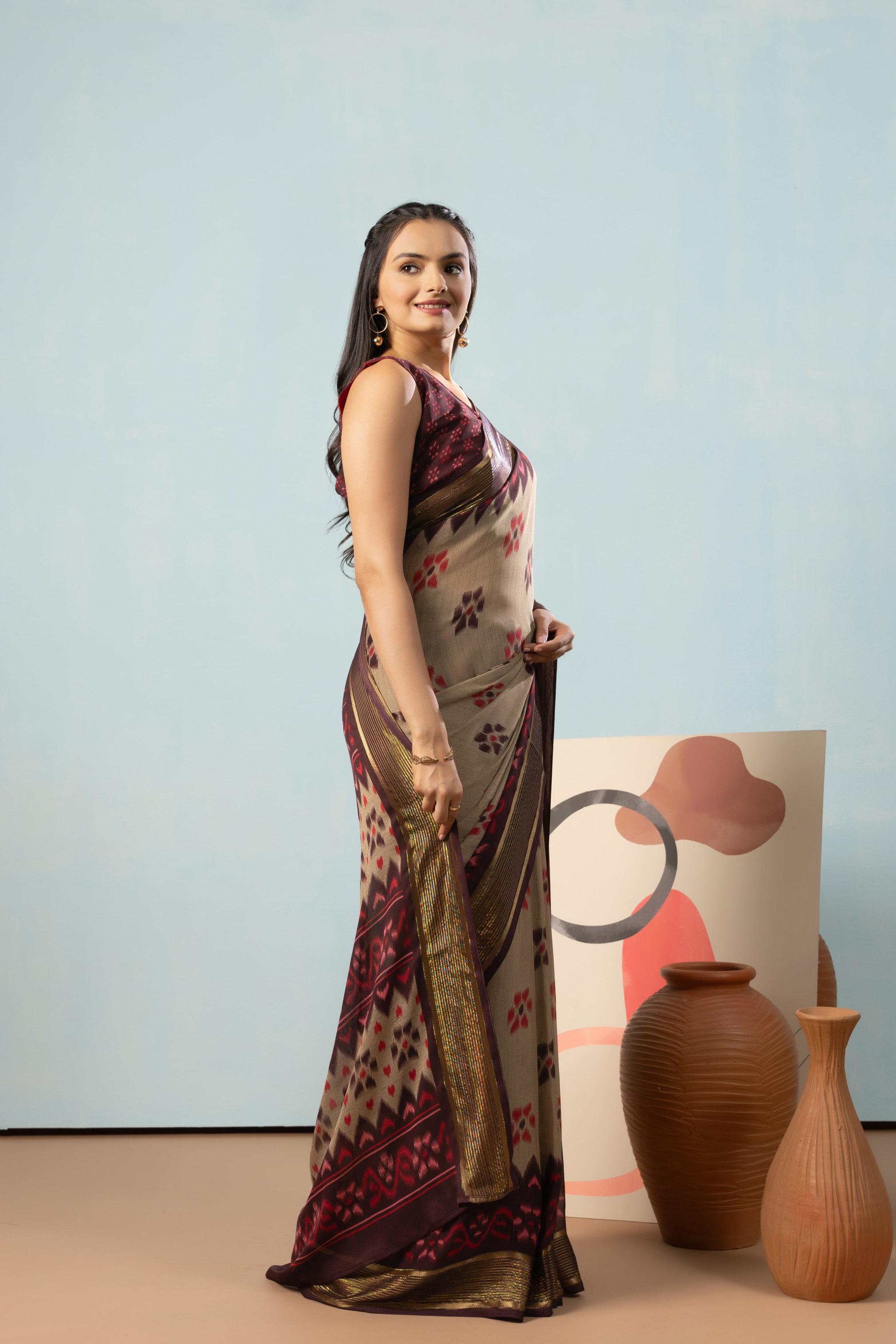 RACHNA Floral Zari Poly Georgette Ready to Wear Saree