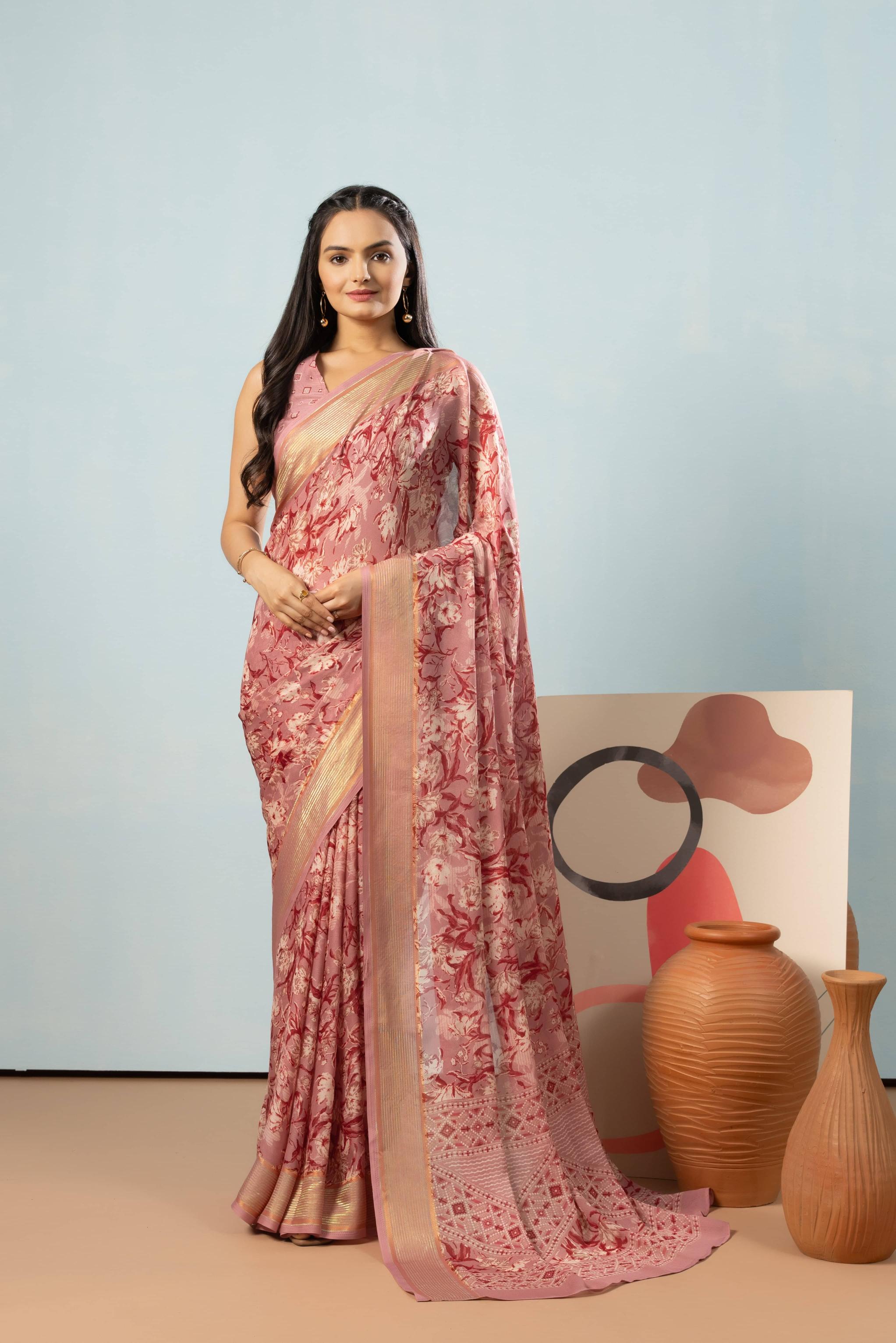 RACHNA Floral Zari Poly Georgette Ready to wear Saree