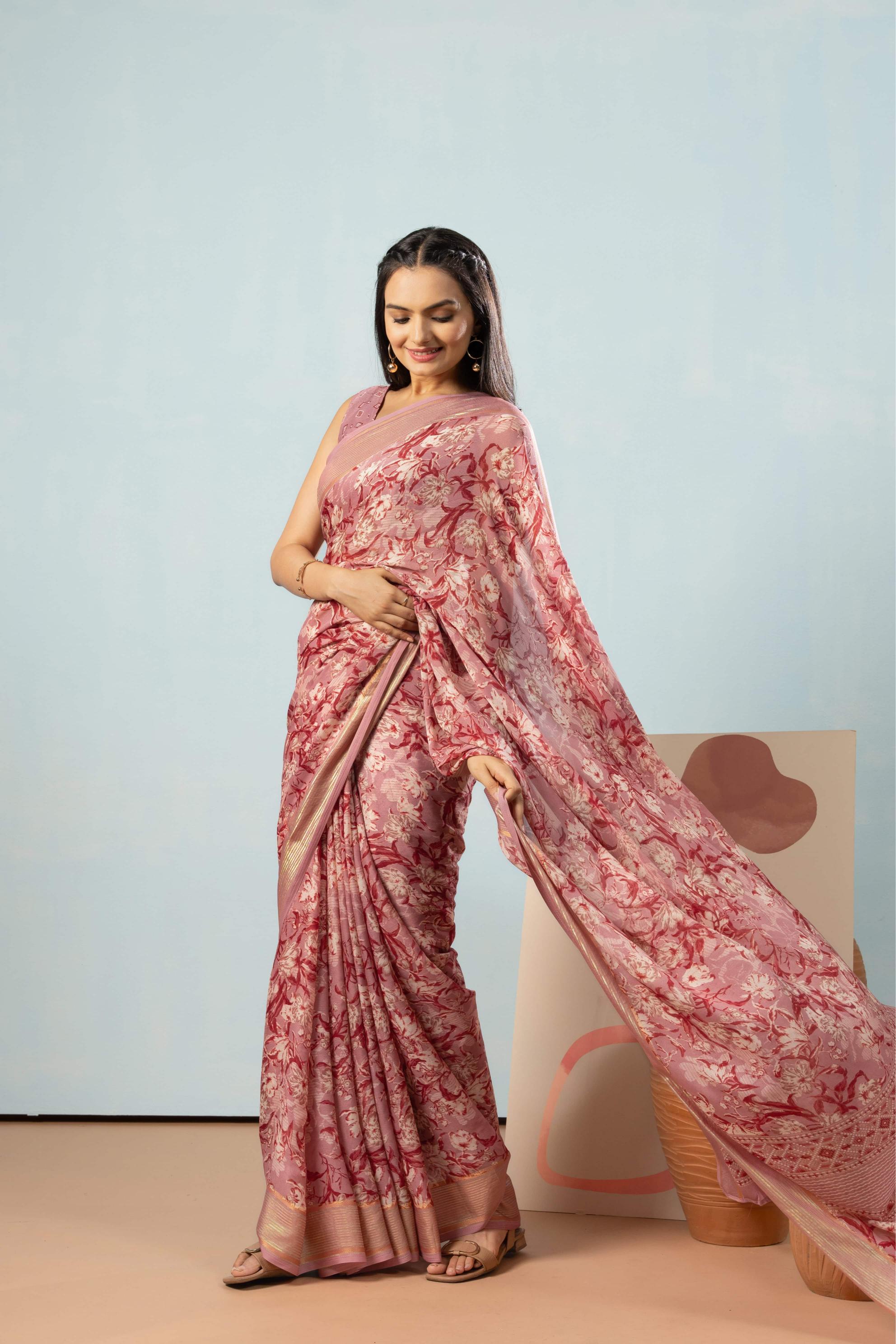 RACHNA Floral Zari Poly Georgette Ready to wear Saree