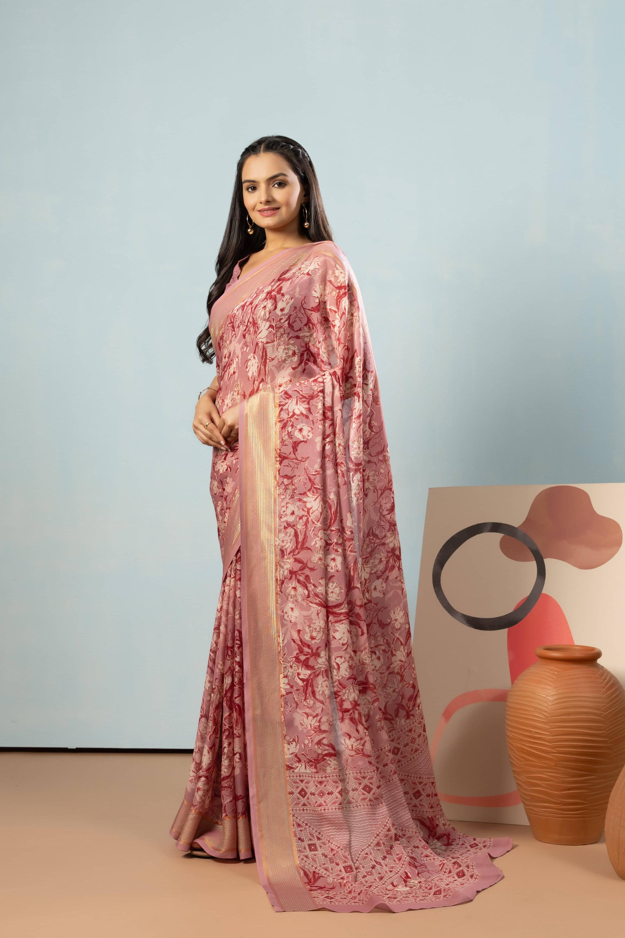 RACHNA Floral Zari Poly Georgette Ready to wear Saree