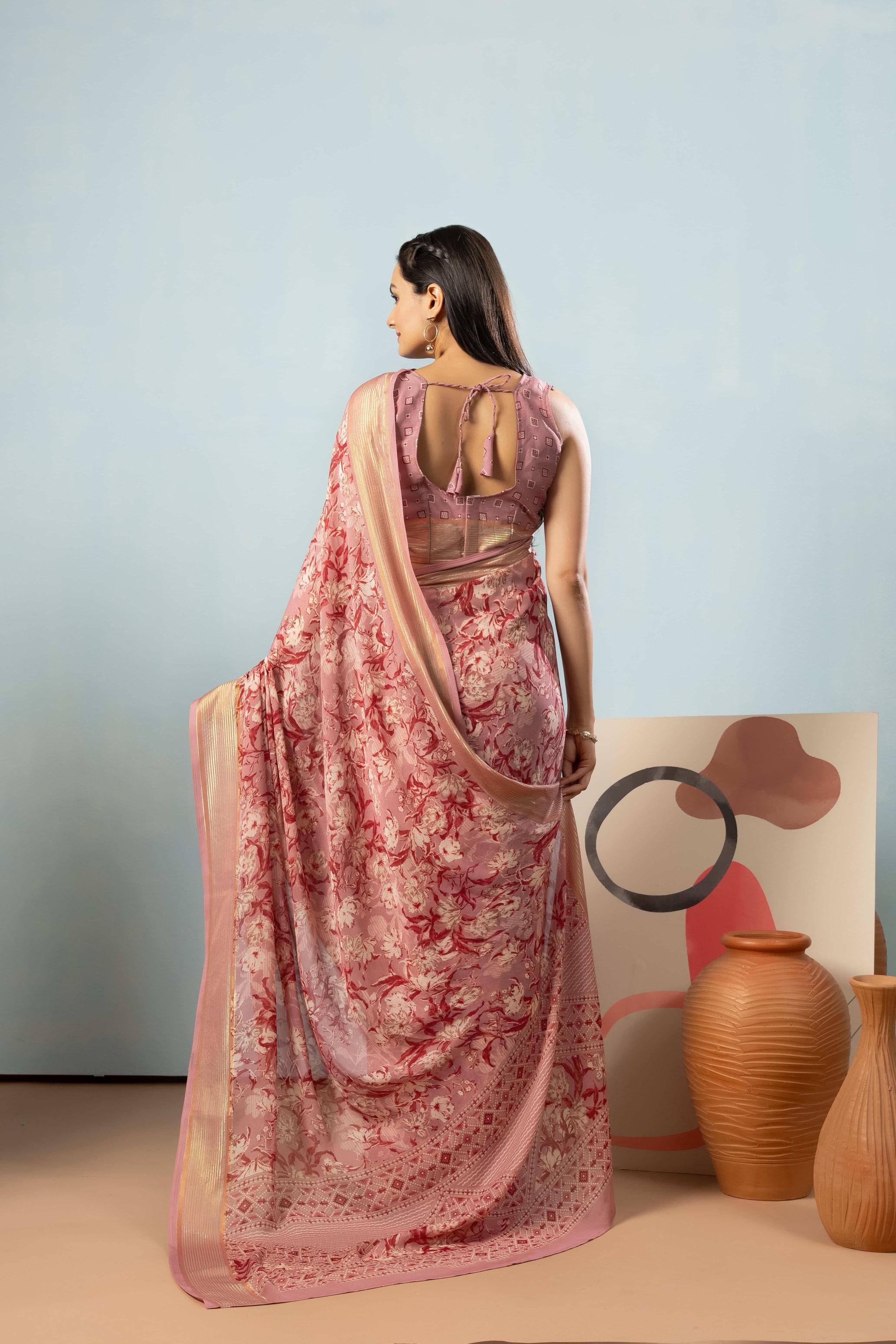 RACHNA Floral Zari Poly Georgette Ready to wear Saree