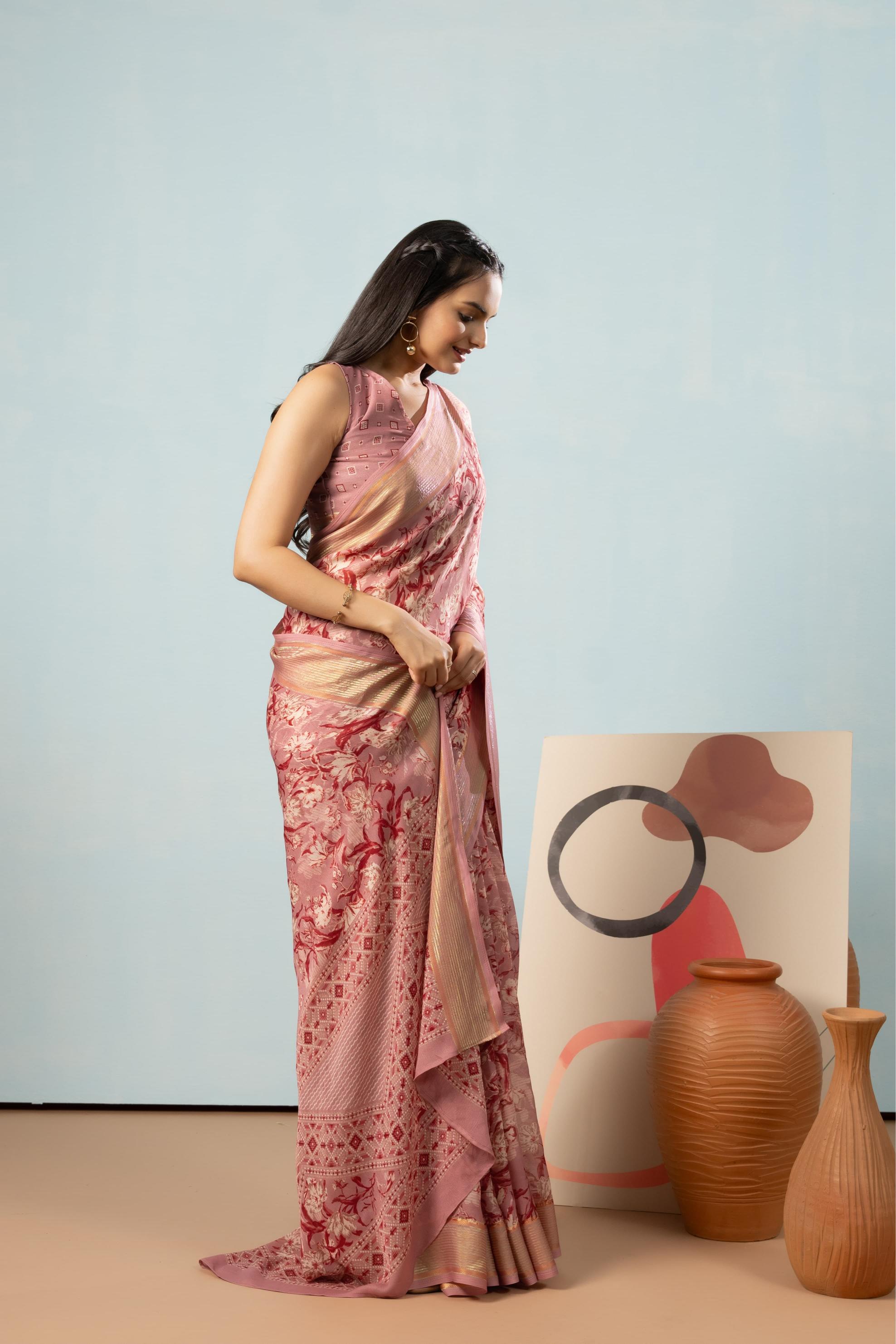 RACHNA Floral Zari Poly Georgette Ready to wear Saree