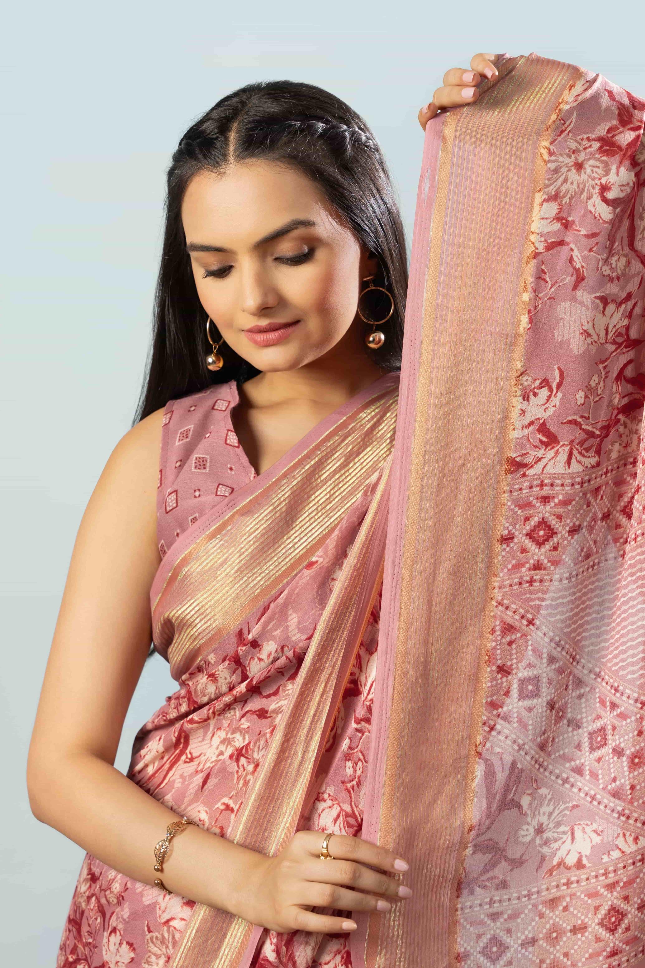 RACHNA Floral Zari Poly Georgette Ready to wear Saree