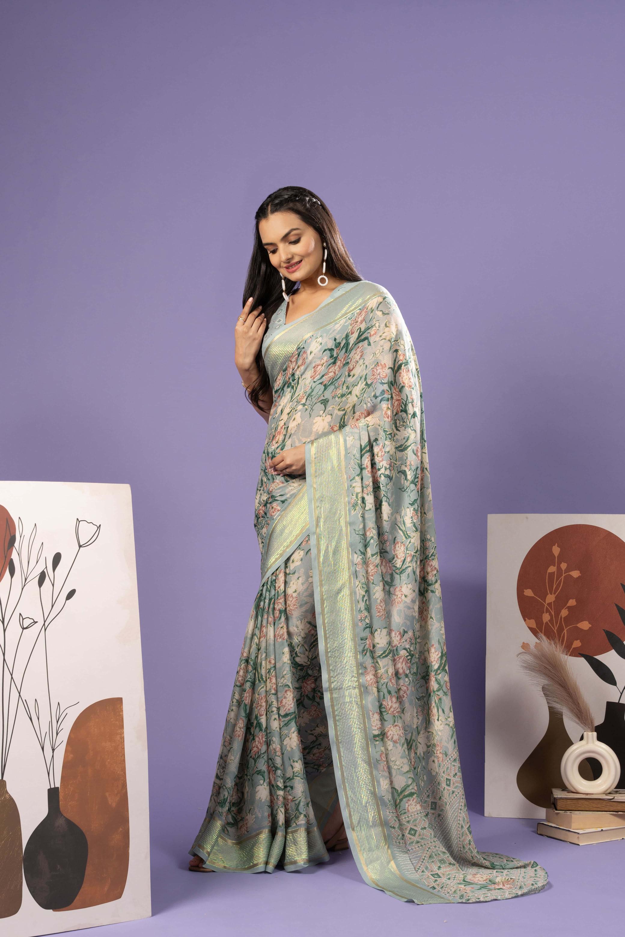 RACHNA Floral Zari Poly Georgette Ready to Wear Saree