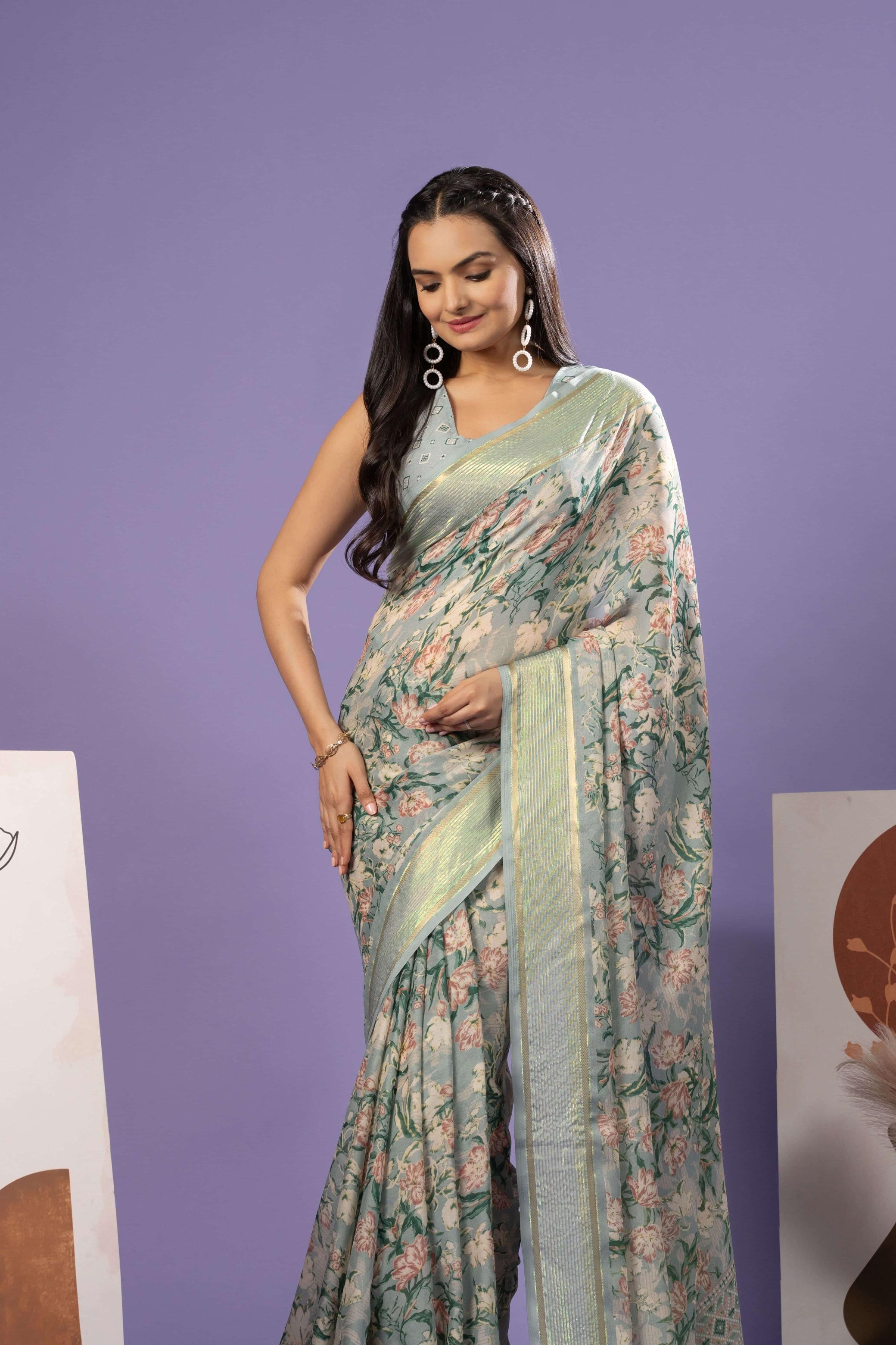 RACHNA Floral Zari Poly Georgette Ready to Wear Saree