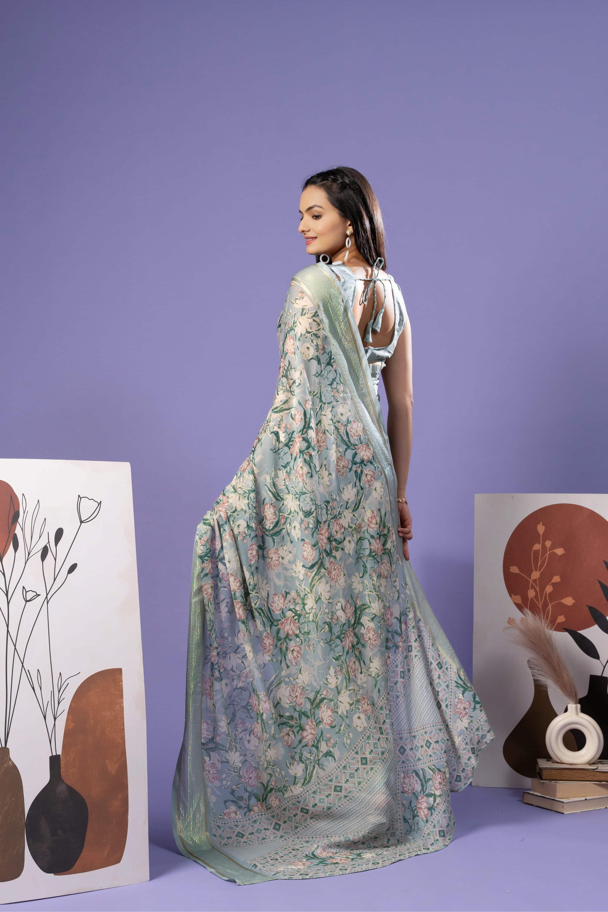 RACHNA Floral Zari Poly Georgette Ready to Wear Saree