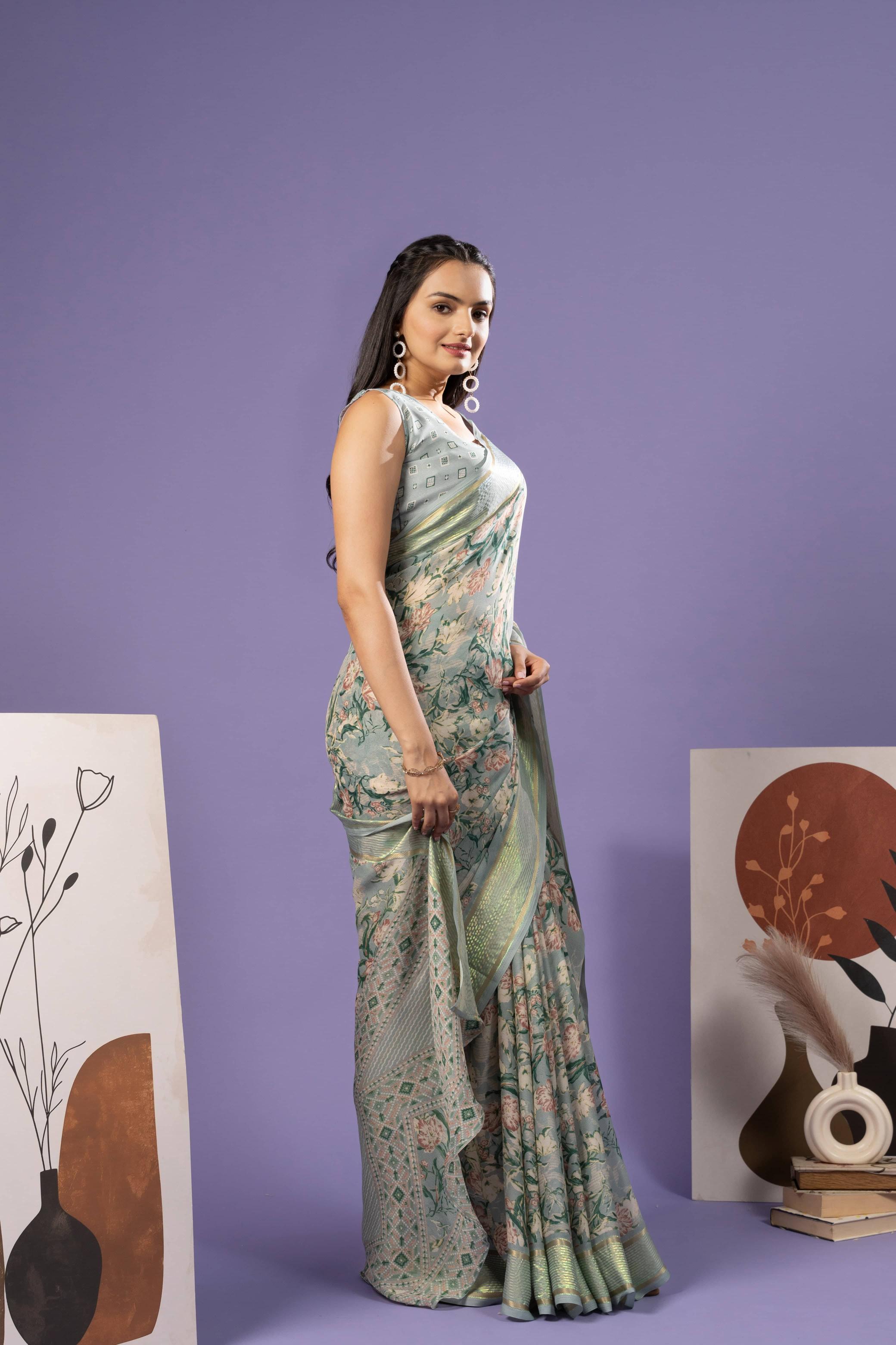 RACHNA Floral Zari Poly Georgette Ready to Wear Saree