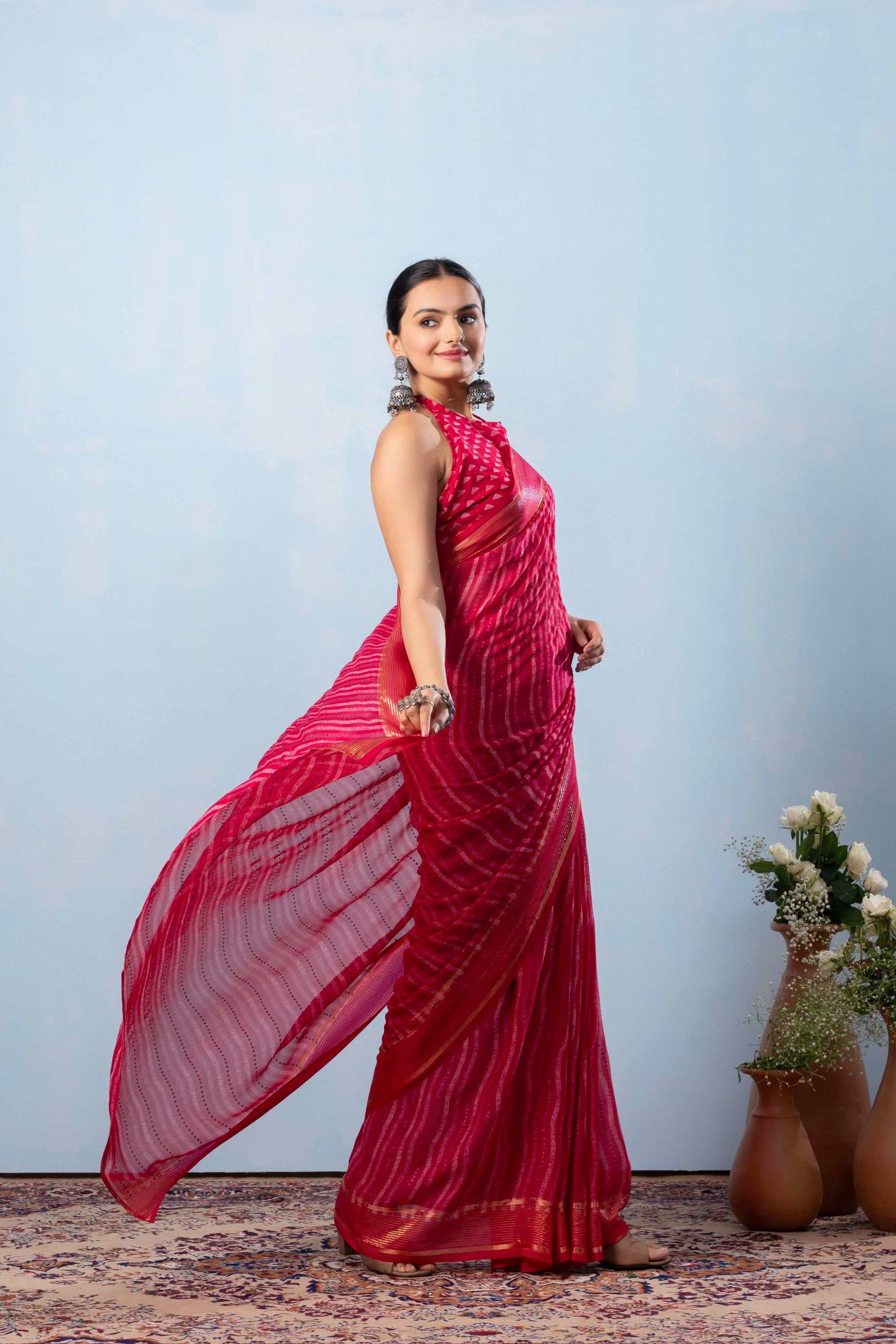 RACHNA Leheriya Zari Poly Georgette Ready to Wear  Saree