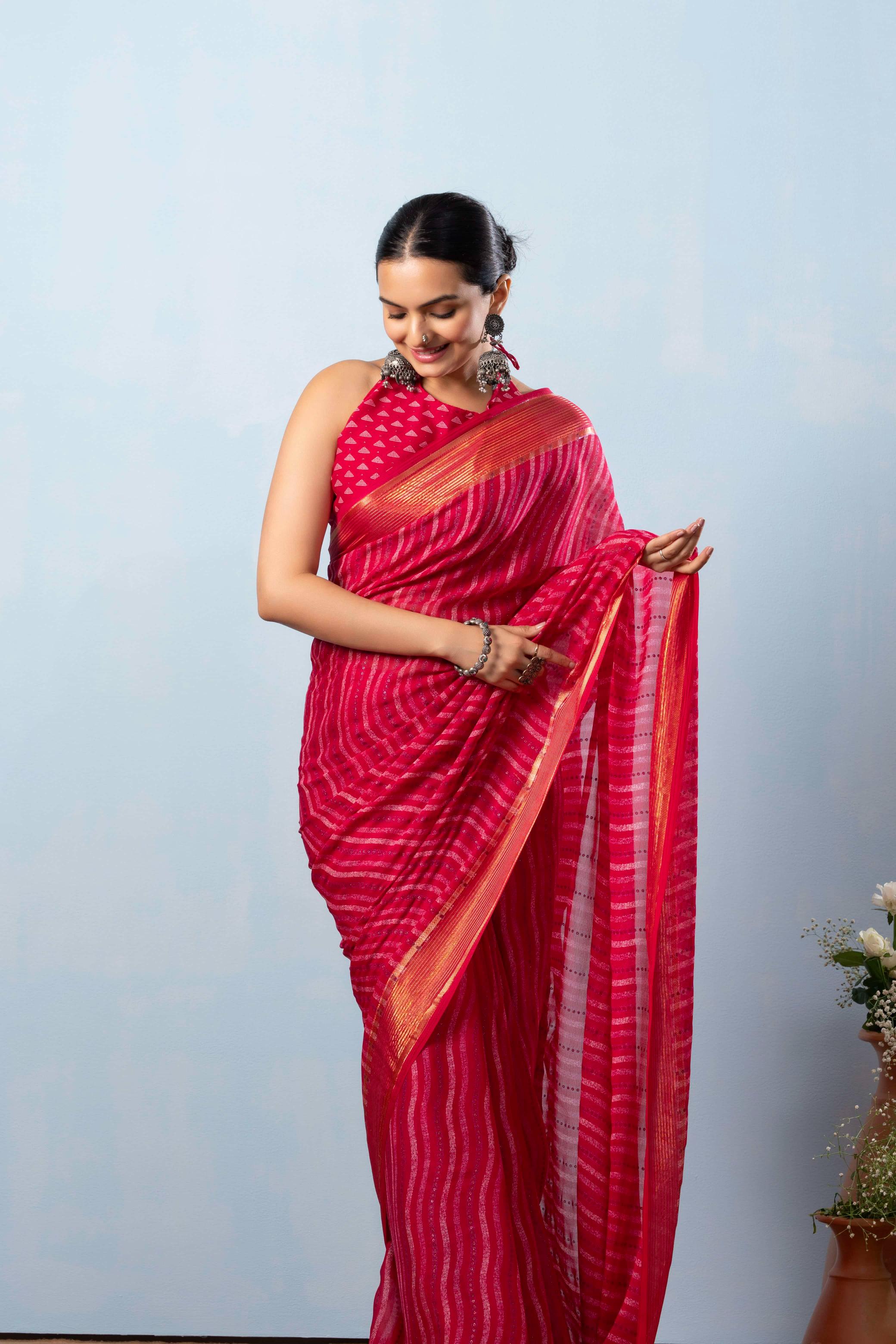 RACHNA Leheriya Zari Poly Georgette Ready to Wear  Saree