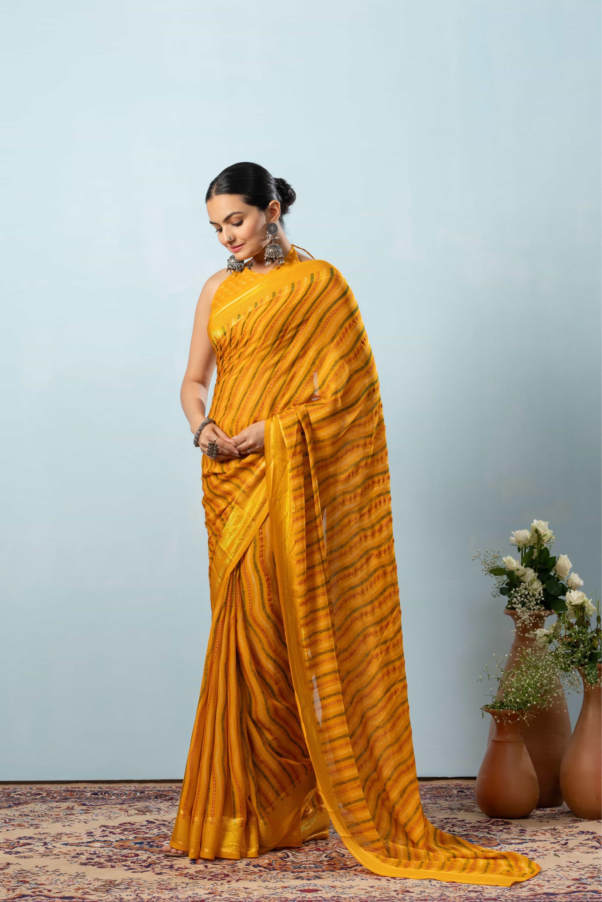 Leheriya Print Moss Georgette Saree with Viscose Border