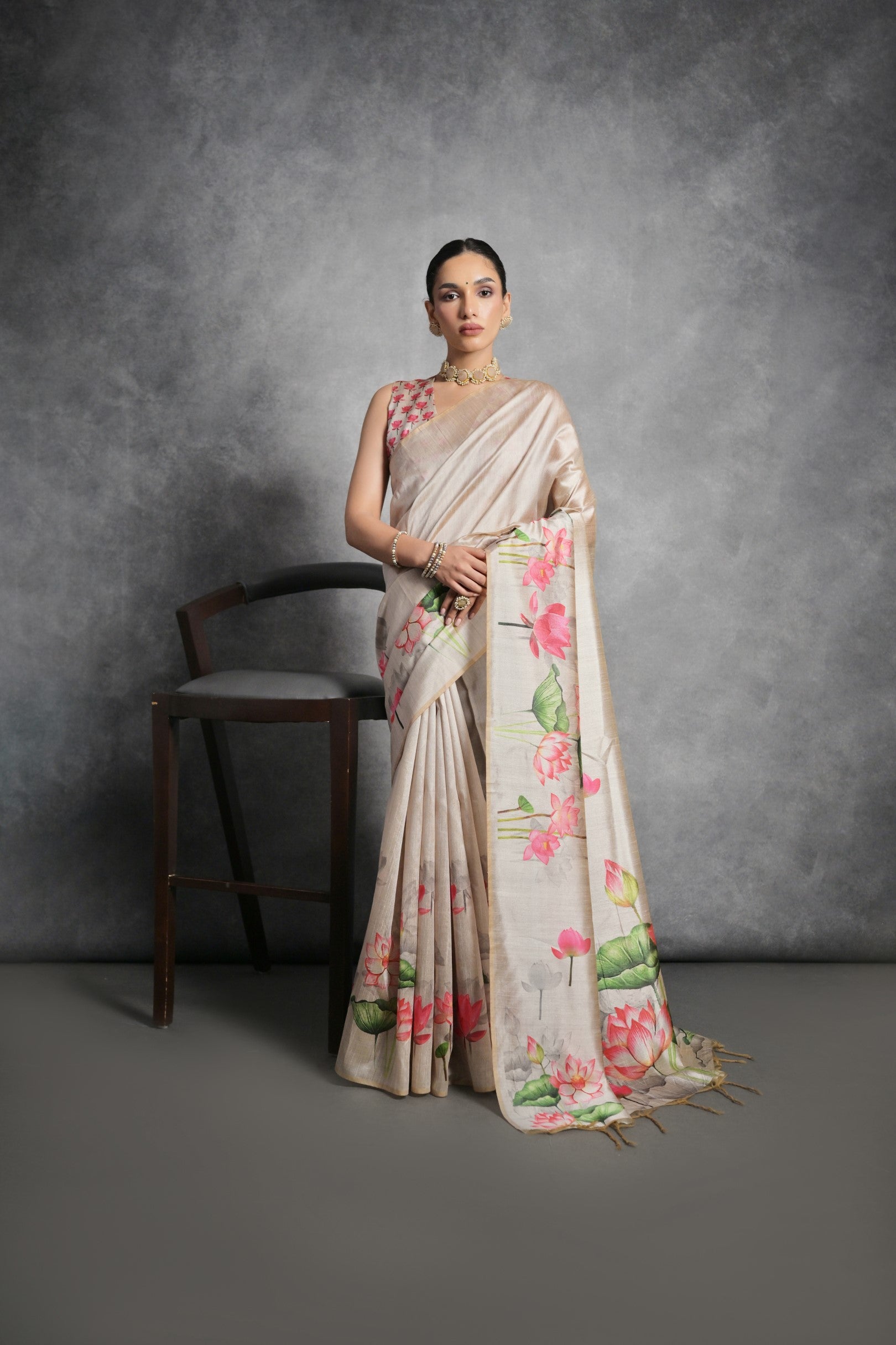 Cream Printed Soft Tussar Silk Designer Saree
