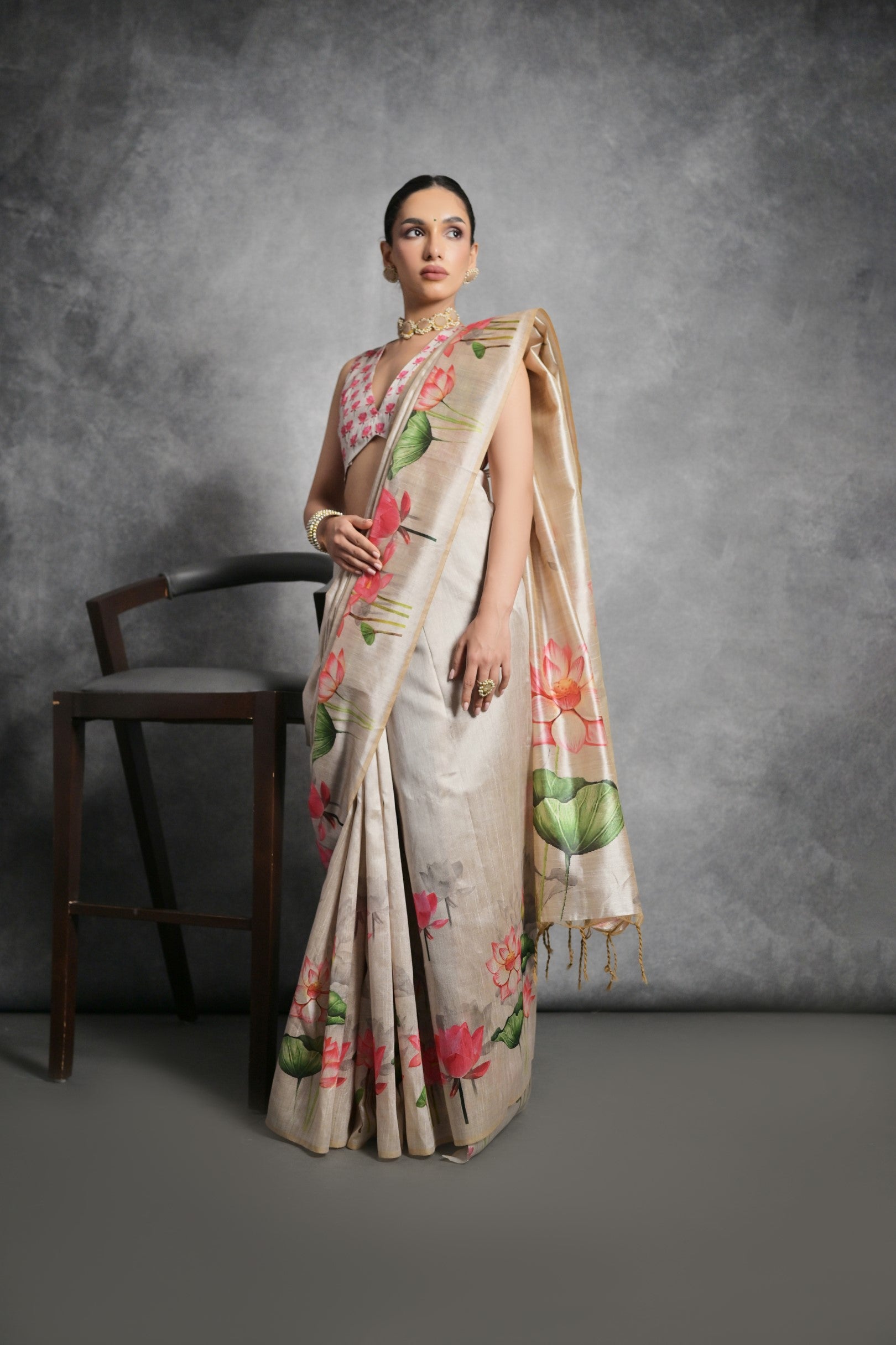 Cream Printed Soft Tussar Silk Designer Saree