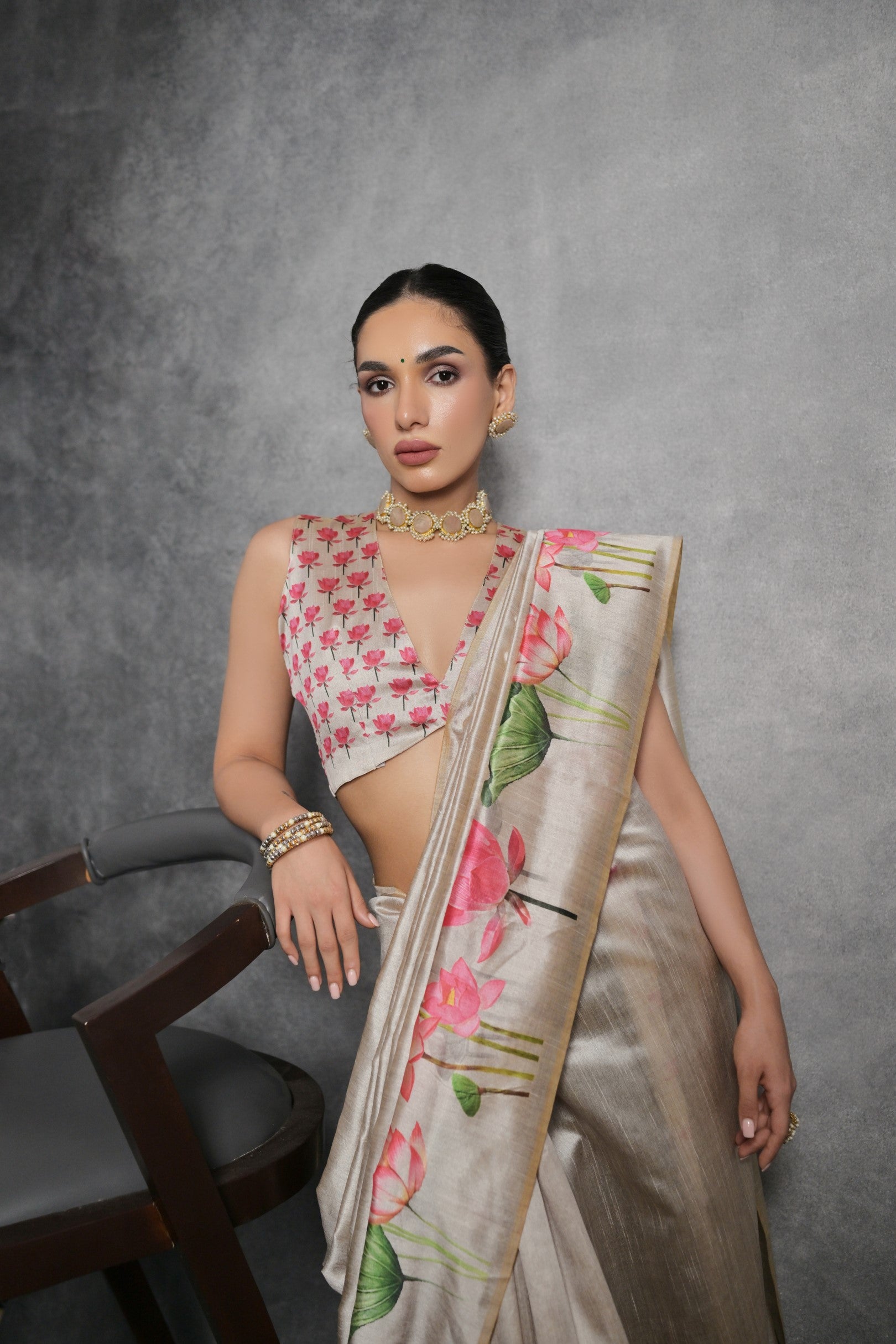 Cream Printed Soft Tussar Silk Designer Saree